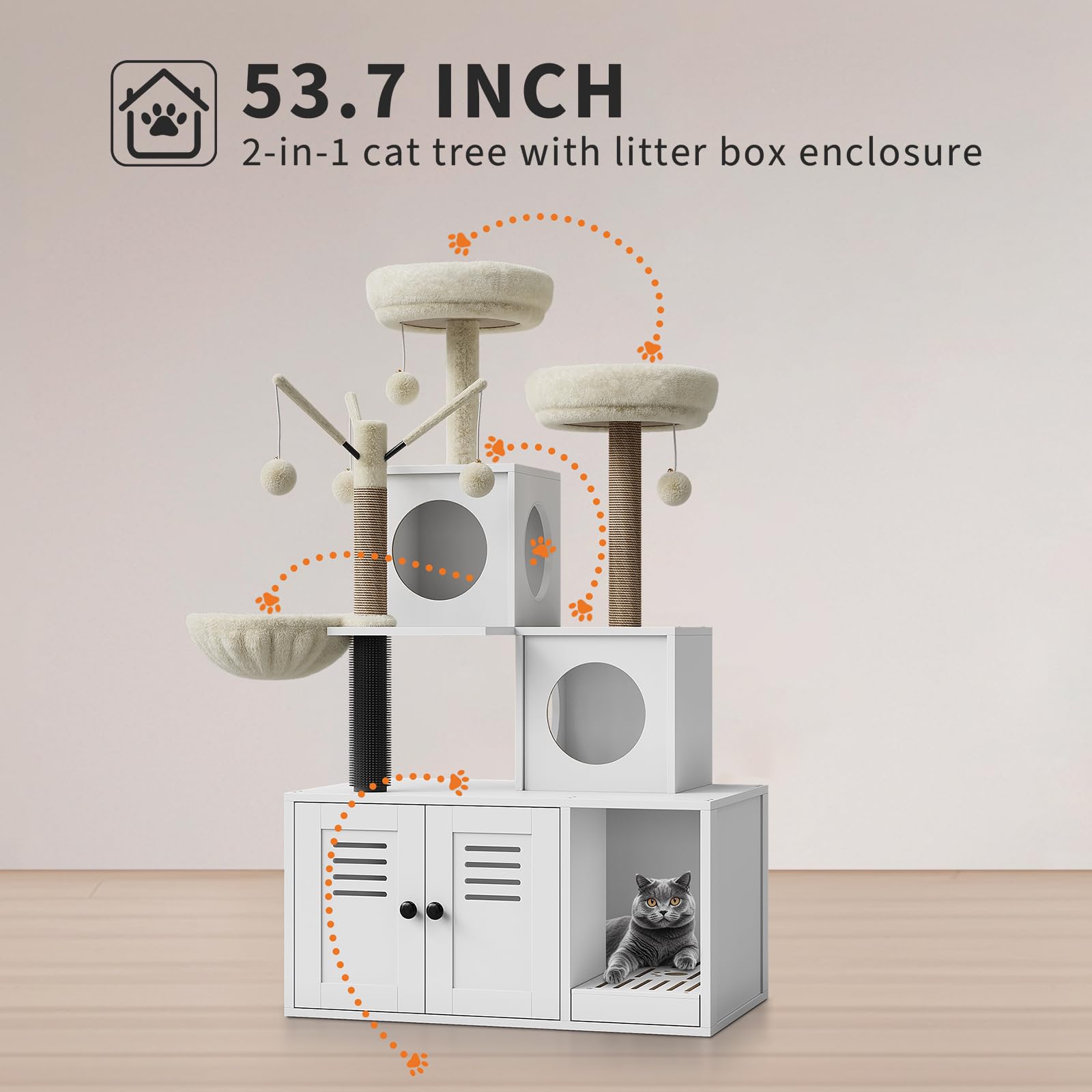 Meuble pour chat Garvee 2-en-1 avec bac à litière et griffoir en sisal pelucheux, plusieurs niveaux, style moderne, idéal pour le salon.