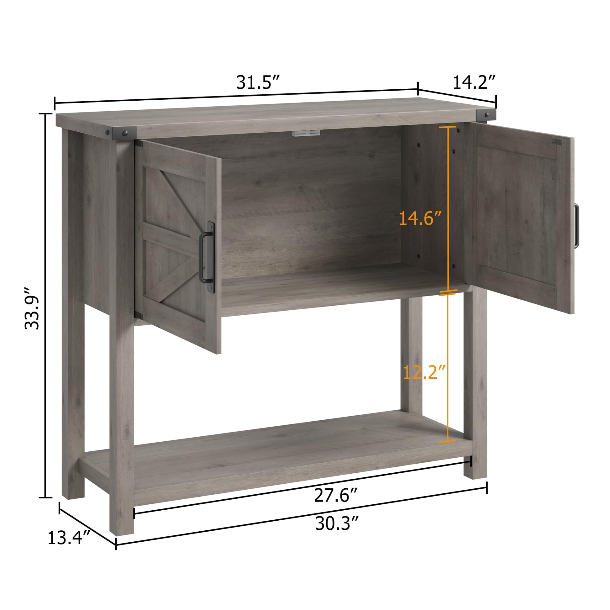 Console en bois Garvee style ferme avec 2 portes pour la cuisine et l'entrée, 80 x 36 x 86 cm, grise, robuste et multifonctionnelle