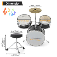 Batterie Garvee Junior 3 pièces avec cymbales, tom, grosse caisse, bois, pédale de grosse caisse, baguettes, tabouret pour chambre d'enfant, débutants, noir, 74 cm (29 pouces)