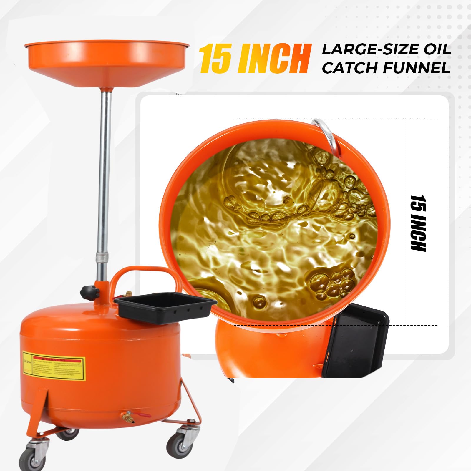 Réservoir de vidange d'huile Garvee de 75 litres (20 gallons) avec réglage en hauteur, roues pivotantes à 360° de 96,5 à 165 cm (38 à 65 pouces), acier thermolaqué anti-fuite, pour atelier ou garage.