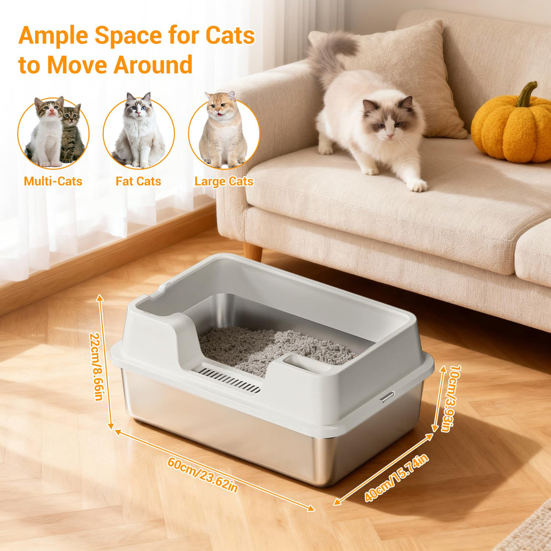 Garvee bac à litière grand format en acier inoxydable 34 L, semi, fermé avec tapis antidérapant, pour plusieurs chats, 60 × 40 × 22 cm, blanc naturel