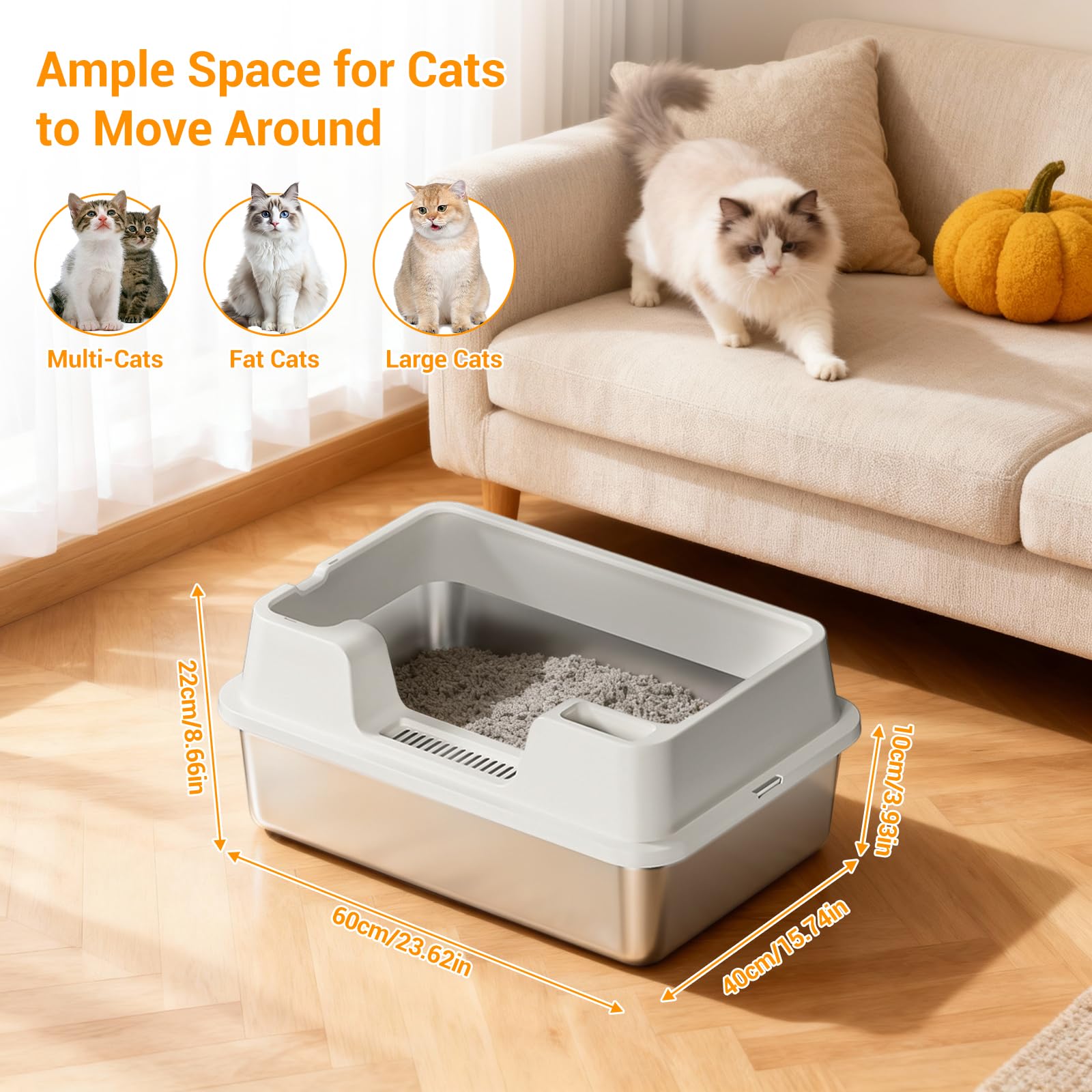 Bac à litière Garvee grand format en acier inoxydable 34 L, semi-fermé avec tapis antidérapant, pour plusieurs chats, 60 x 40 x 22 cm, blanc naturel
