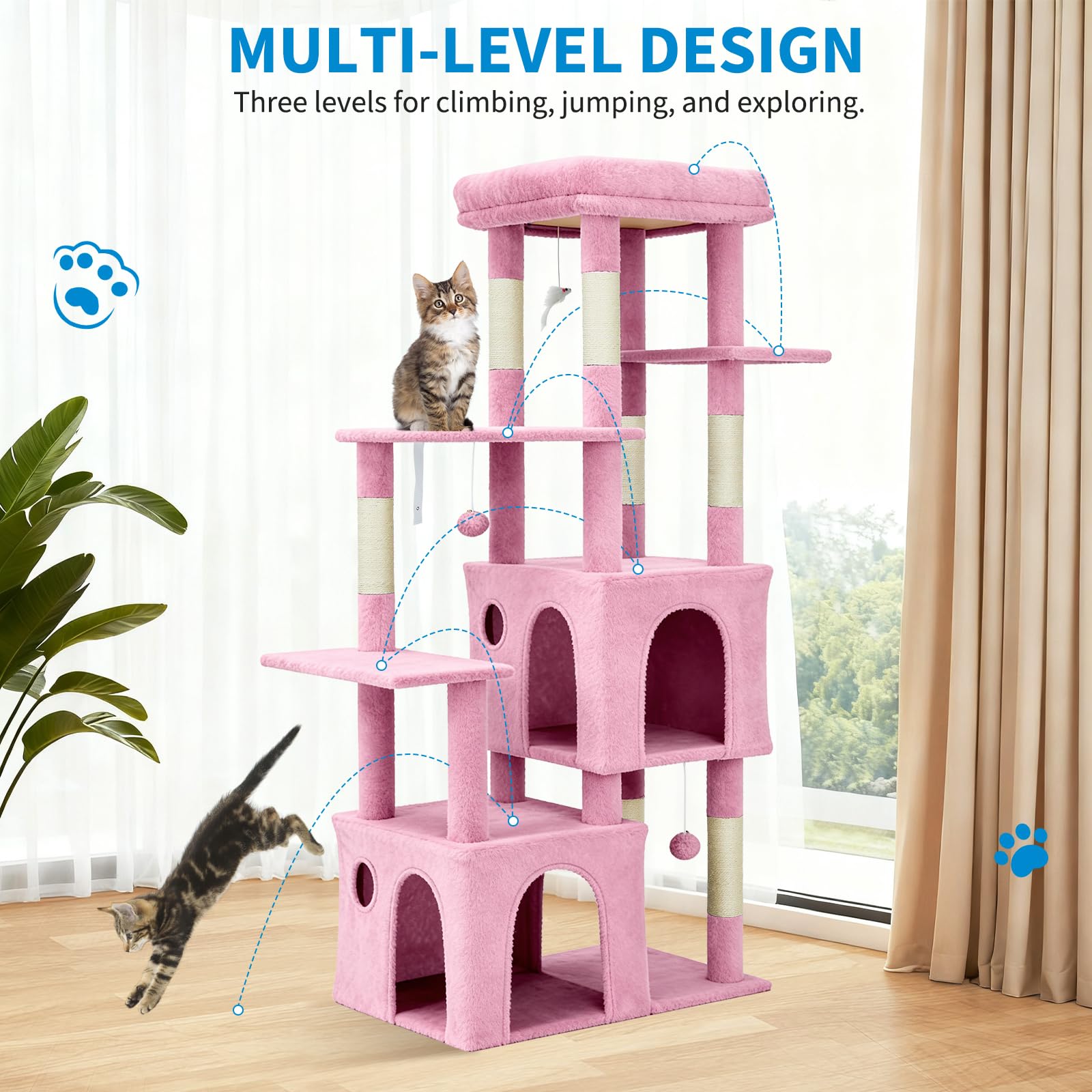 Garvee Arbre à Chat 155 cm Multi-Niveaux pour Grands Chats, Tour Stable avec Grande Plateforme, Rose