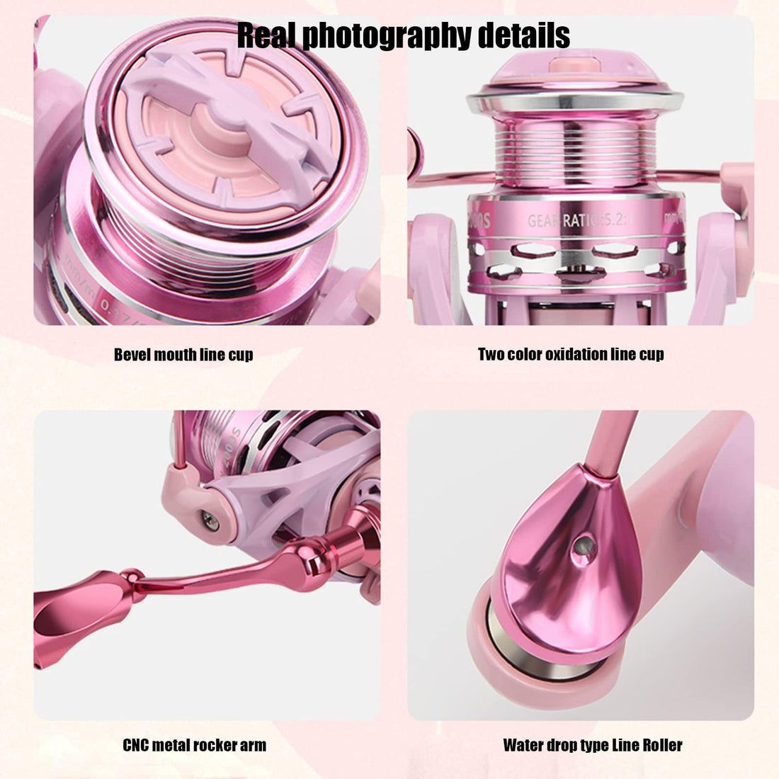 Moulinet de pêche Garvee DX2000S rose, léger et entièrement métallique, pour femmes, eau douce et eau salée, ratio 5.2:1, puissance de freinage 8 kg