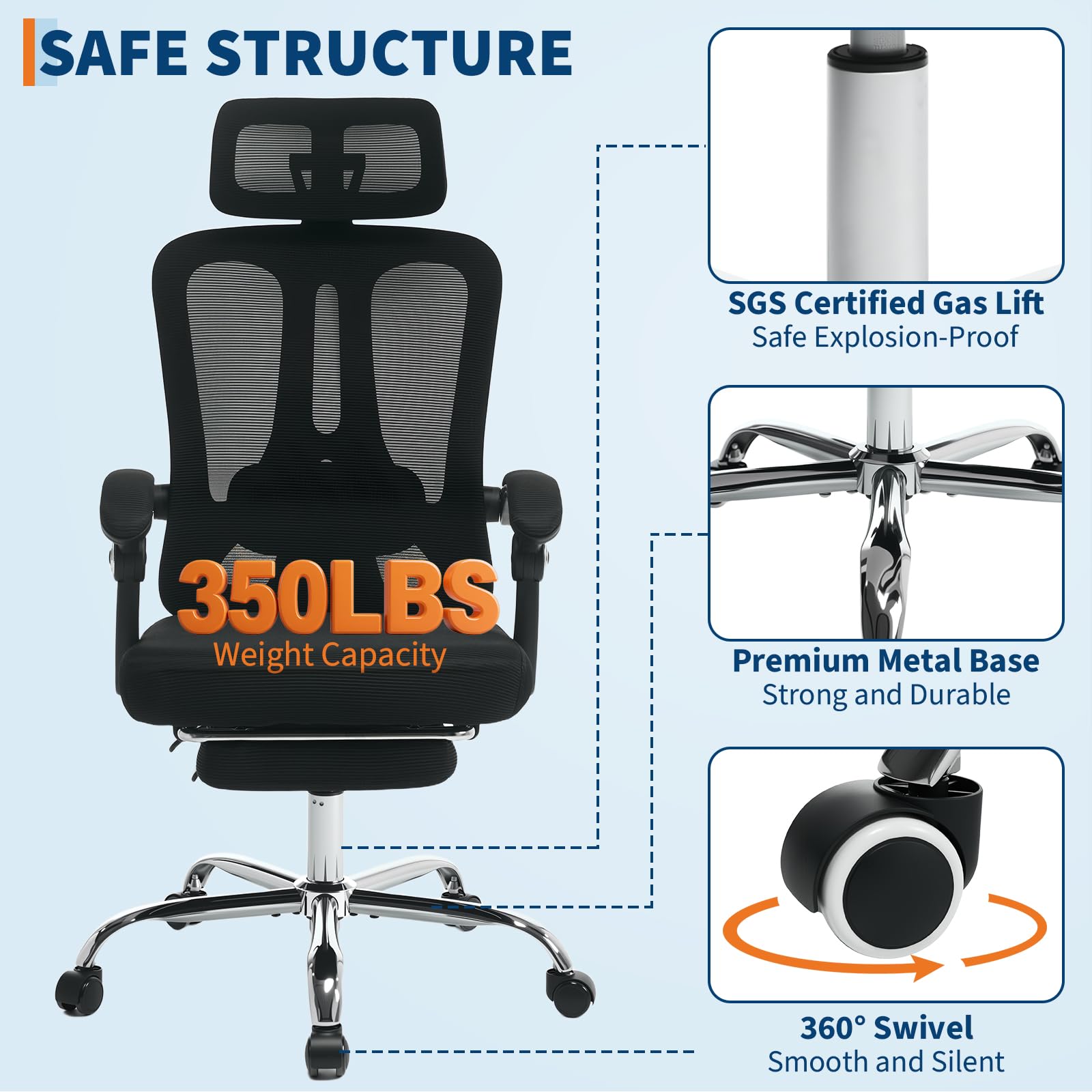 Chaise de bureau ergonomique Garvee en maille avec dossier haut, appui-tête réglable, repose-pieds, hauteur réglable, respirante, roulettes, noire