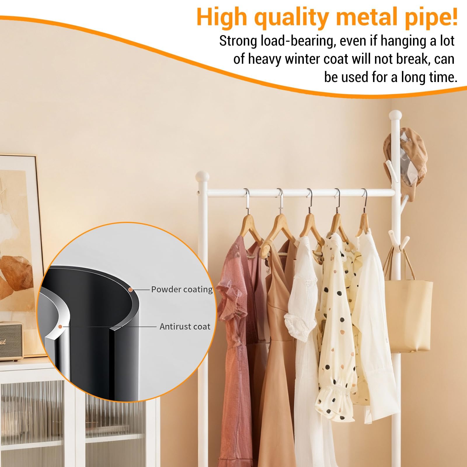 Portant à vêtements en métal Garvee avec roulettes, capacité de charge de 54 kg, roulettes pivotantes à 360°, blanc, pour chambre et salon, robuste et polyvalent