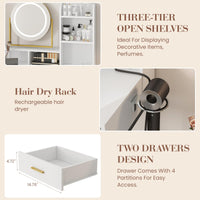 Meuble de coiffure moderne Garvee avec miroir pivotant à 360°, ports USB, 2 tiroirs, bois, tabouret confortable pour chambre et dressing, noir et blanc
