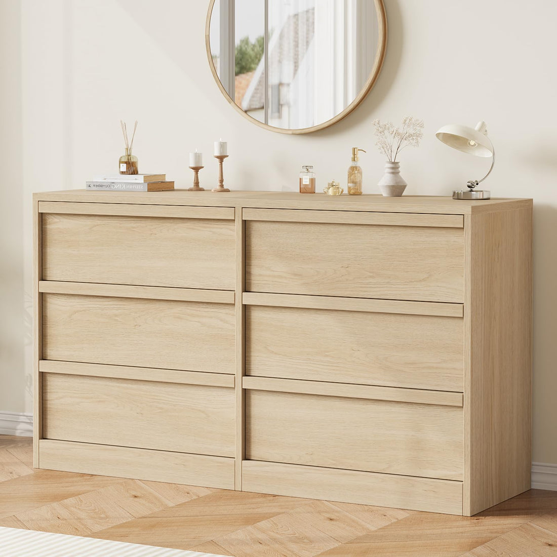 Commode Garvee à 6 tiroirs, chêne naturel, offrant un grand espace de rangement pour la chambre et le salon, 119 x 40 x 75 cm (46,7 po x 15,9 po x 29,3 po)