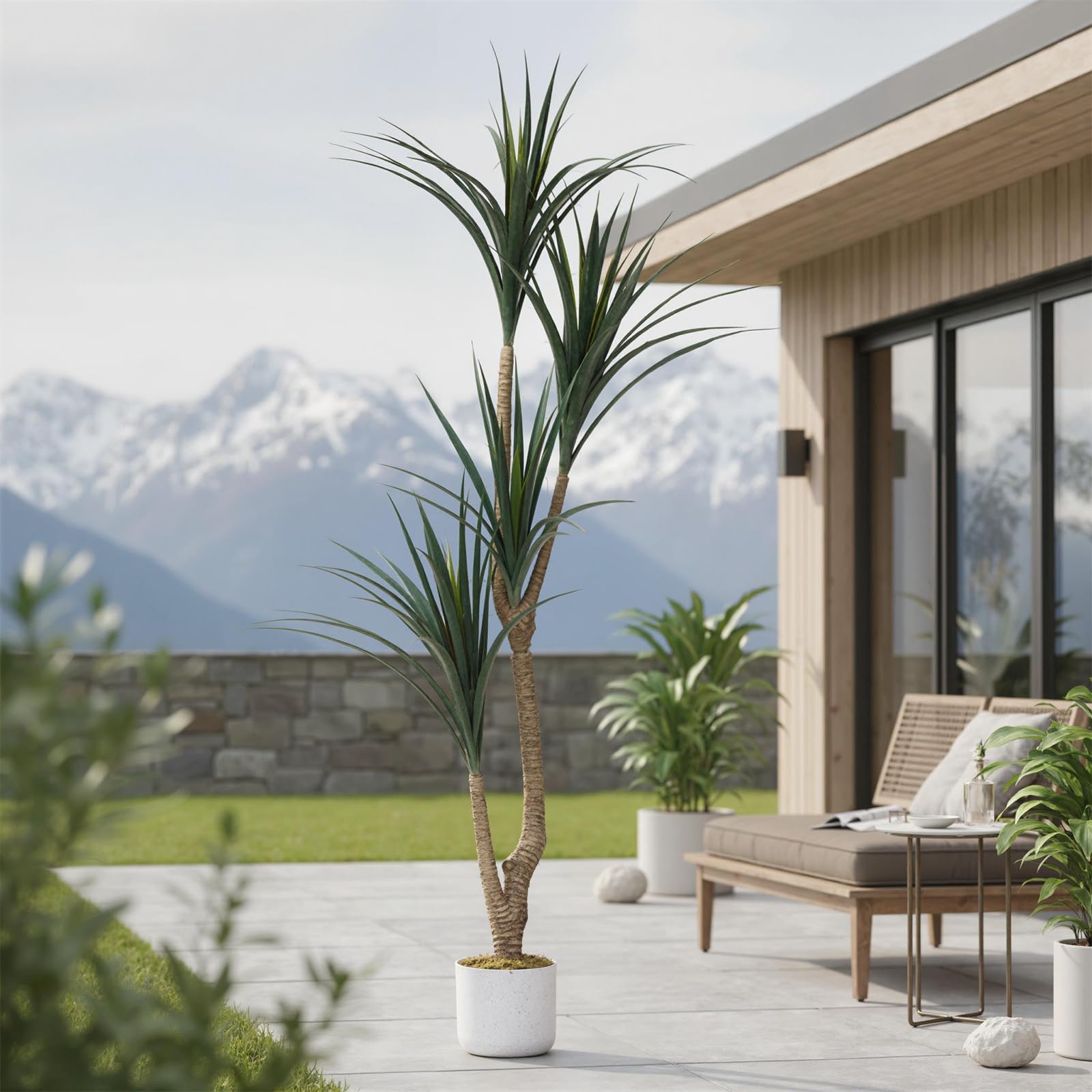 Arbre dracaena artificiel Garvee pour intérieur avec pot blanc, idéal pour un salon moderne. Facile d'entretien, durable et hypoallergénique.