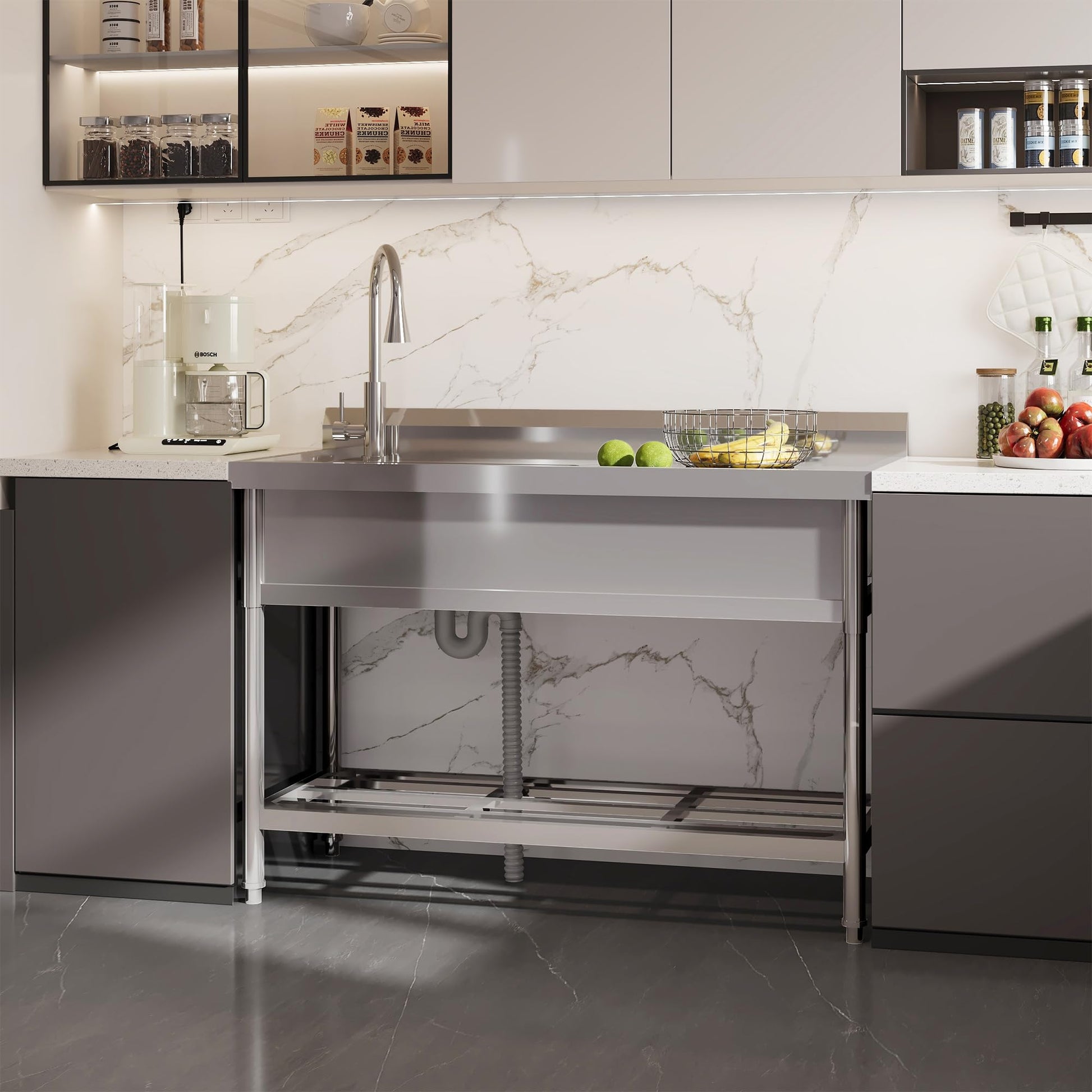 Garvee Évier Utilitaire en Acier Inoxydable 120 × 51 × 92 cm, Grand Bac Unique avec Douchette et Robinet Extractible, pour Cuisine, Jardin et Buanderie