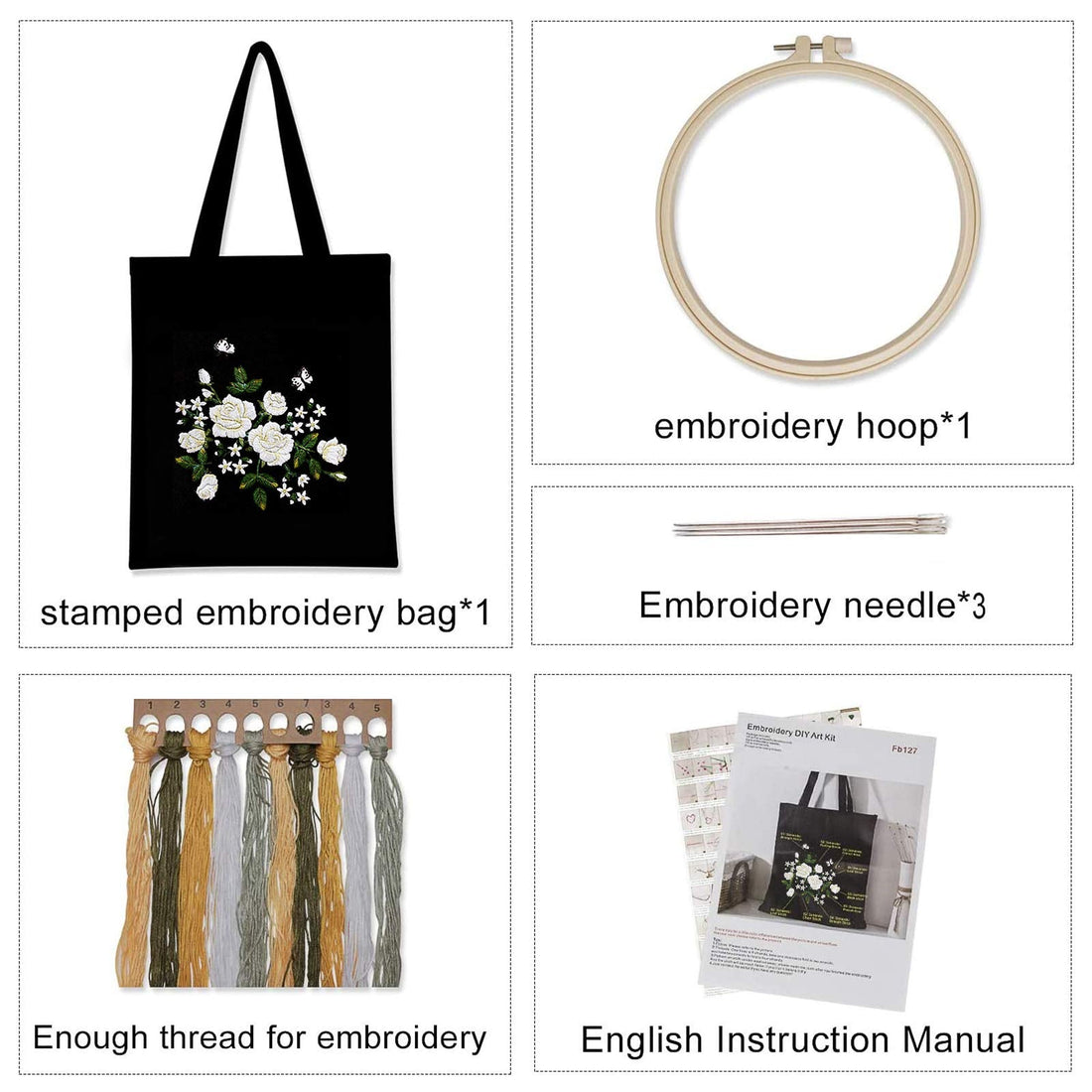 Kit de broderie Garvee avec tissu noir à motifs floraux, cadre en bambou, fils colorés, outils roses et blancs, sac de transport, cadeau de loisirs créatifs