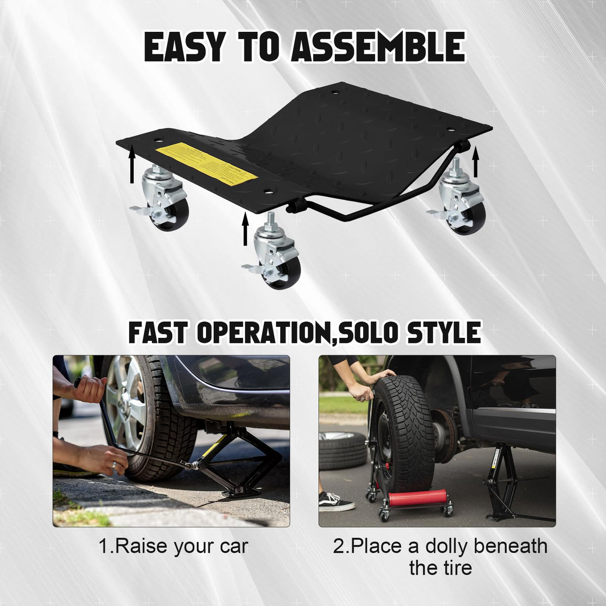 Garvee Lot de 4 Chariots de Déplacement Auto 2 722 kg, 680 kg par Unité, Acier Renforcé, Roues 360° avec Freins, Surface Antidérapante 4 mm, Noir