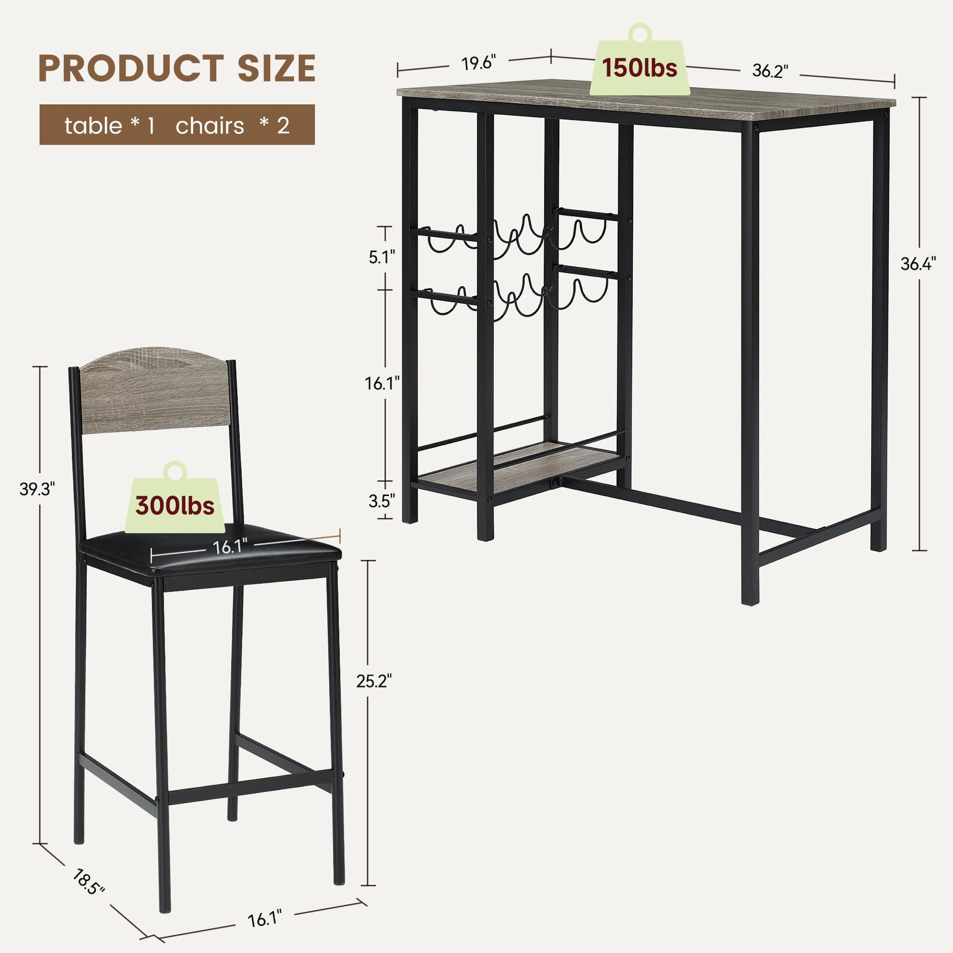 Ensemble table de bar Garvee pour 2 personnes avec repose-pieds, chaises rembourrées, structure robuste en métal et MDF, gris, pour cuisine et bar