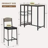 Ensemble table de bar Garvee pour 2 personnes avec repose-pieds, chaises rembourrées, structure robuste en métal et MDF, gris, pour cuisine et bar