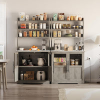 Étagère de boulangerie Garvee avec 2 portes vitrées, prise électrique, plan de travail épais en MDF, grand espace de rangement, gris rétro pour cuisine et salle à manger, 78 cm (L) x 40 cm (l) x 160 cm (H)