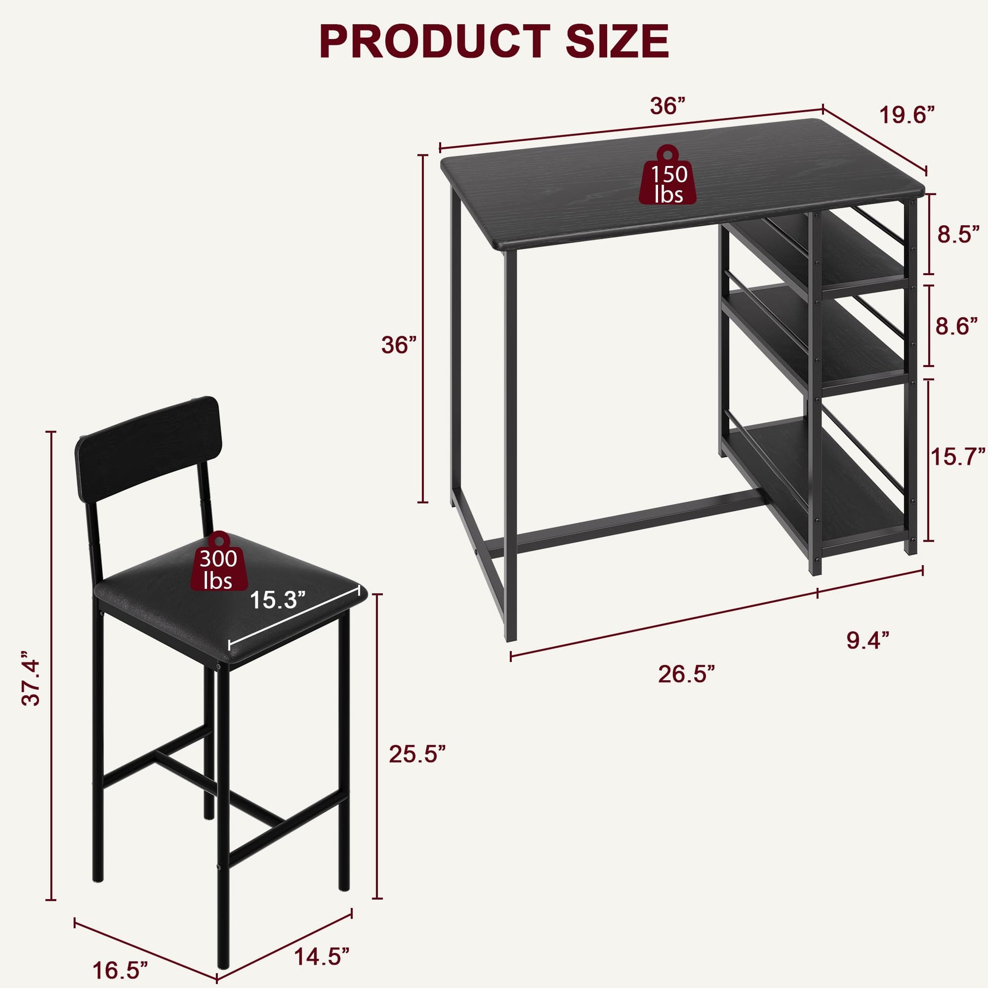 GARVEE Ensemble de bar 3 pièces avec 2 tabourets rembourrés, table de cuisine avec 3 étagères, 91,5 x 50 x 91,5 cm, noir