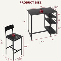 GARVEE Ensemble de bar 3 pièces avec 2 tabourets rembourrés, table de cuisine avec 3 étagères, 91,5 x 50 x 91,5 cm, noir