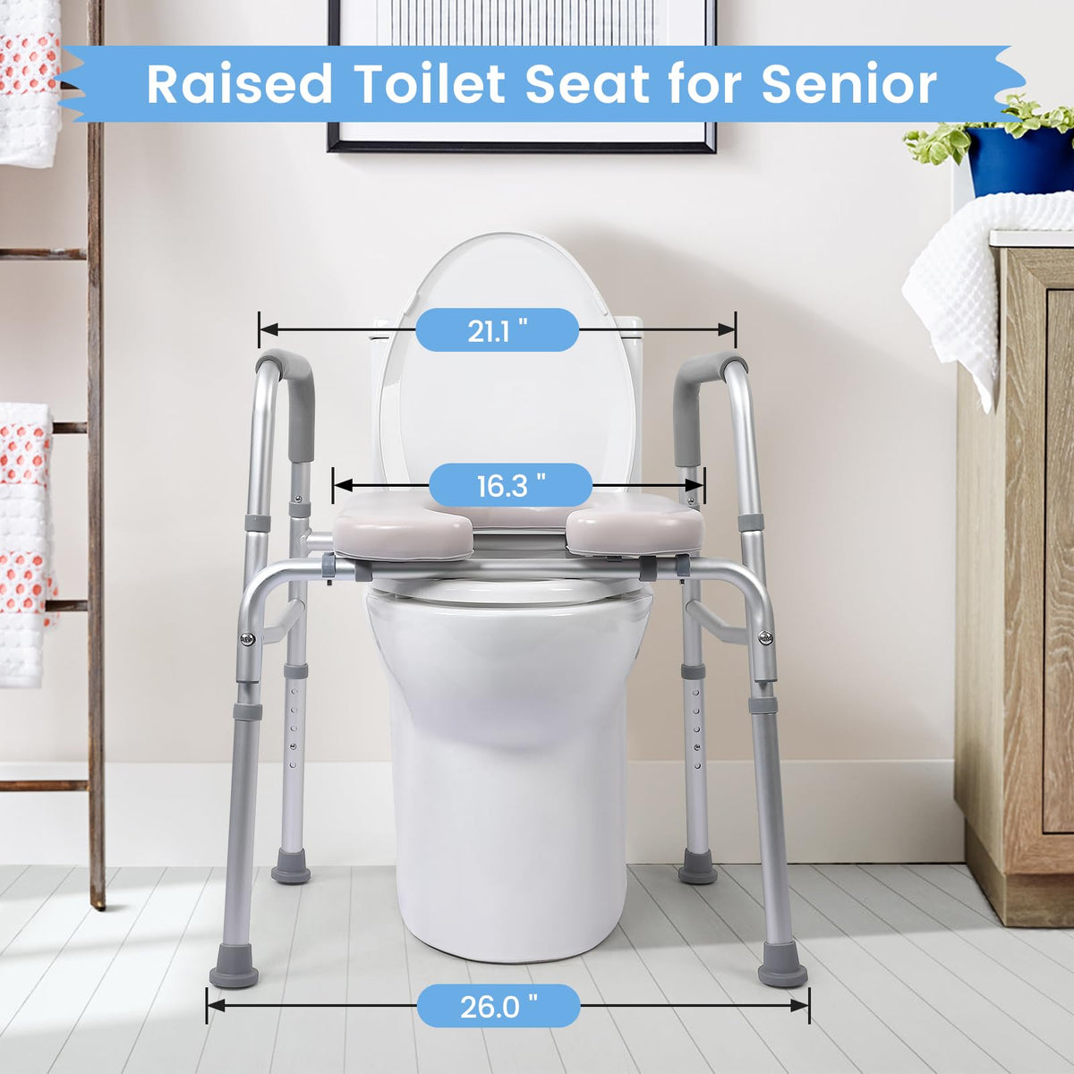 Garvee Rehausseur de Toilettes avec Accoudoirs, Hauteur Réglable, Cadre en Aluminium, Siège Rembourré, Charge 158 kg, pour Seniors et Personnes à Mobilité Réduite