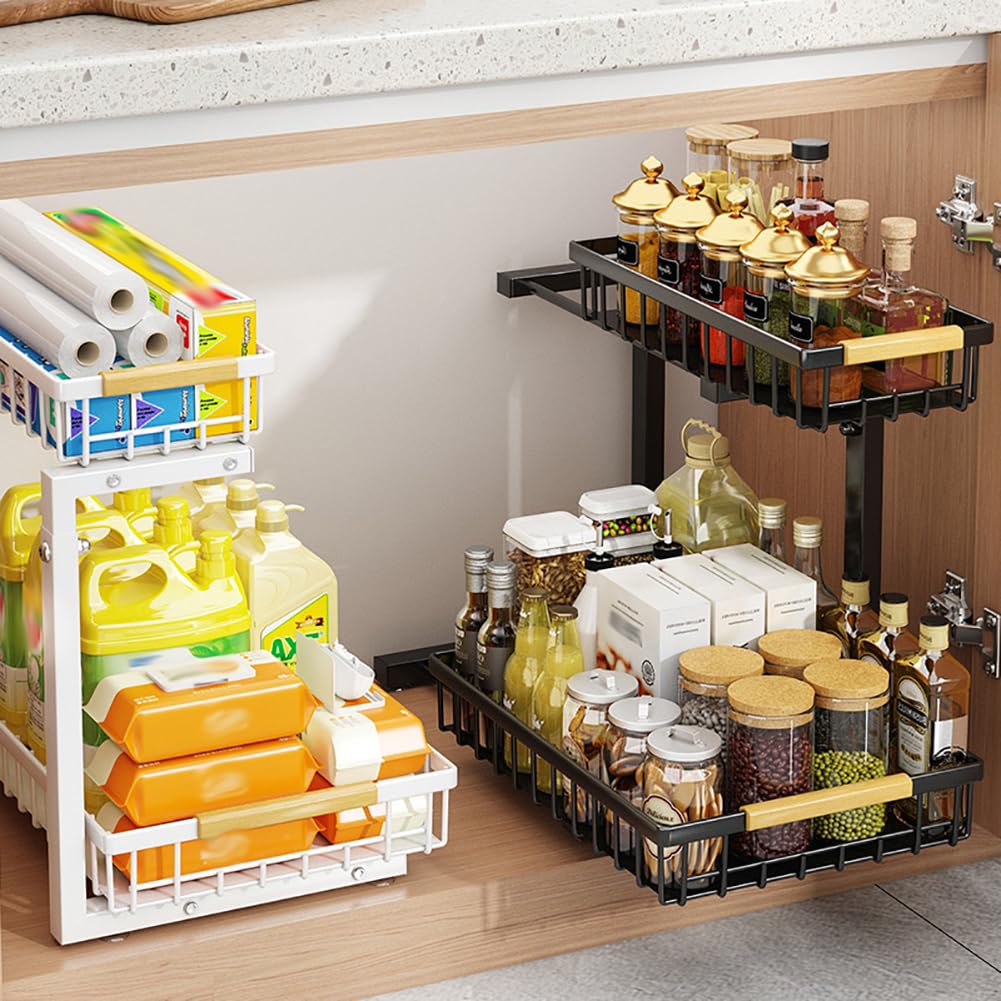 Étagères extensibles sous évier Garvee, en métal, réglables en hauteur, pour cuisine et salle de bain, noires, en forme de L