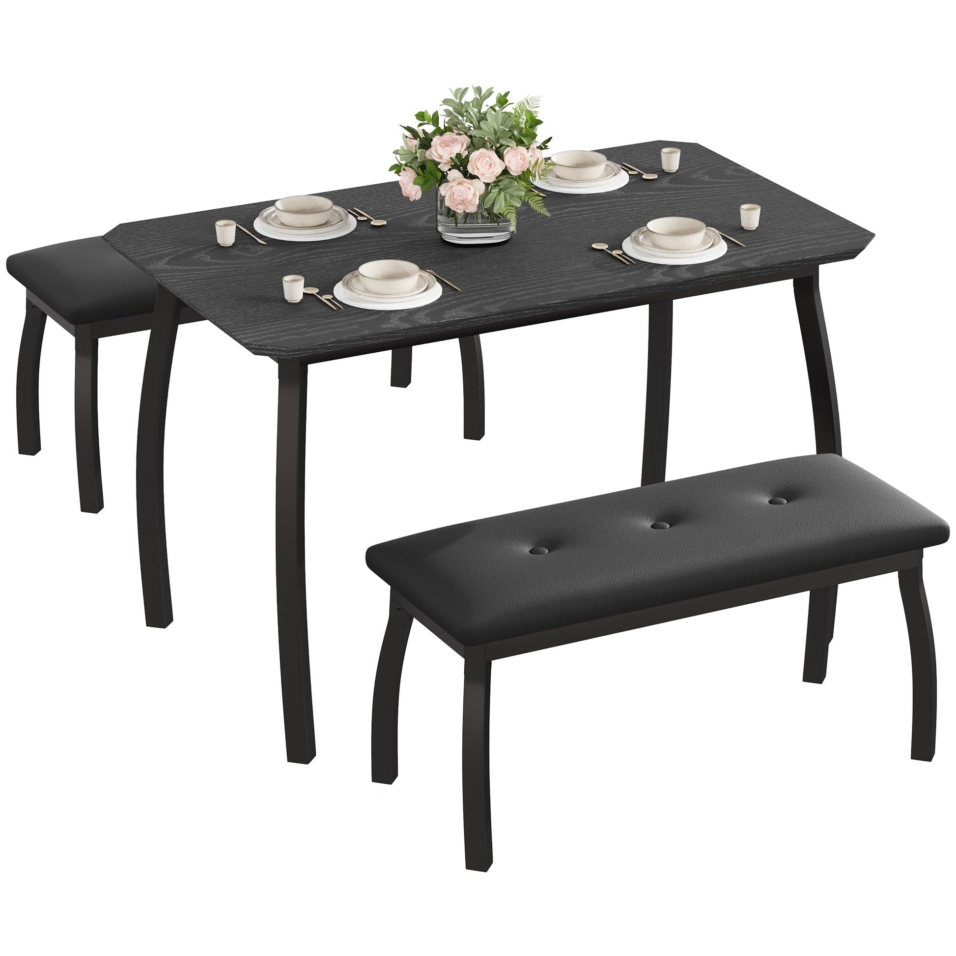 Ensemble de salle à manger rétro Garvee 3 pièces avec table d'angle et 2 bancs rembourrés, structure en métal, revêtement en cuir PU, gain de place, noir, idéal pour les petites pièces