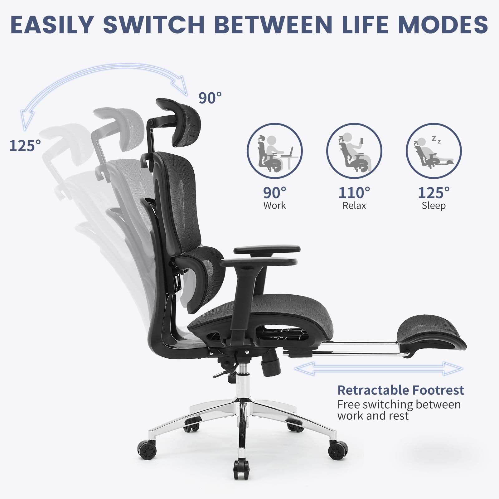 Garvee Chaise de bureau ergonomique avec repose-pieds, réglable, en maille respirante, dossier haut, noire