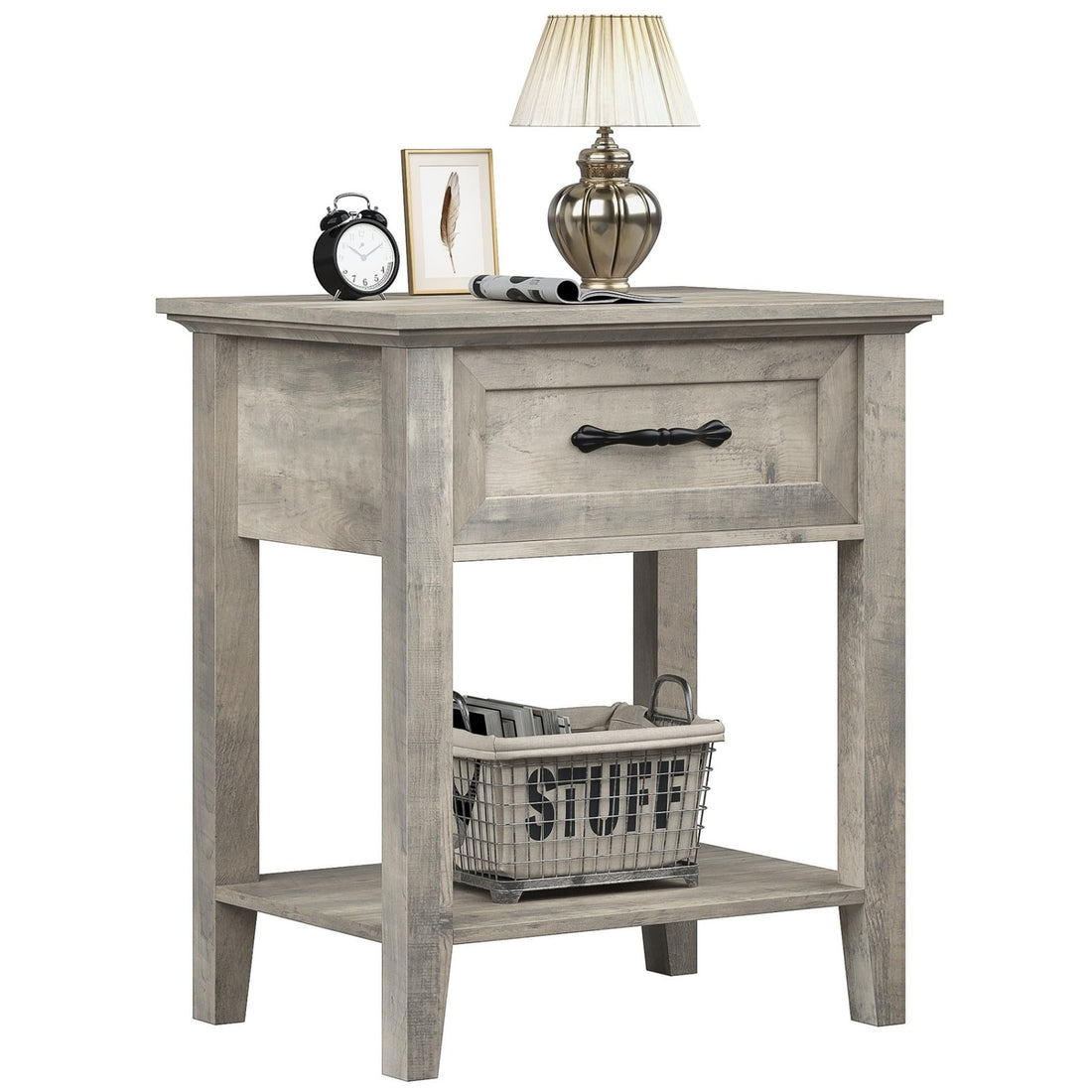 Table de chevet Garvee grise avec tiroir, rangement à 2 niveaux pour chambre et salon, 50 x 40 x 60 cm, bois durable