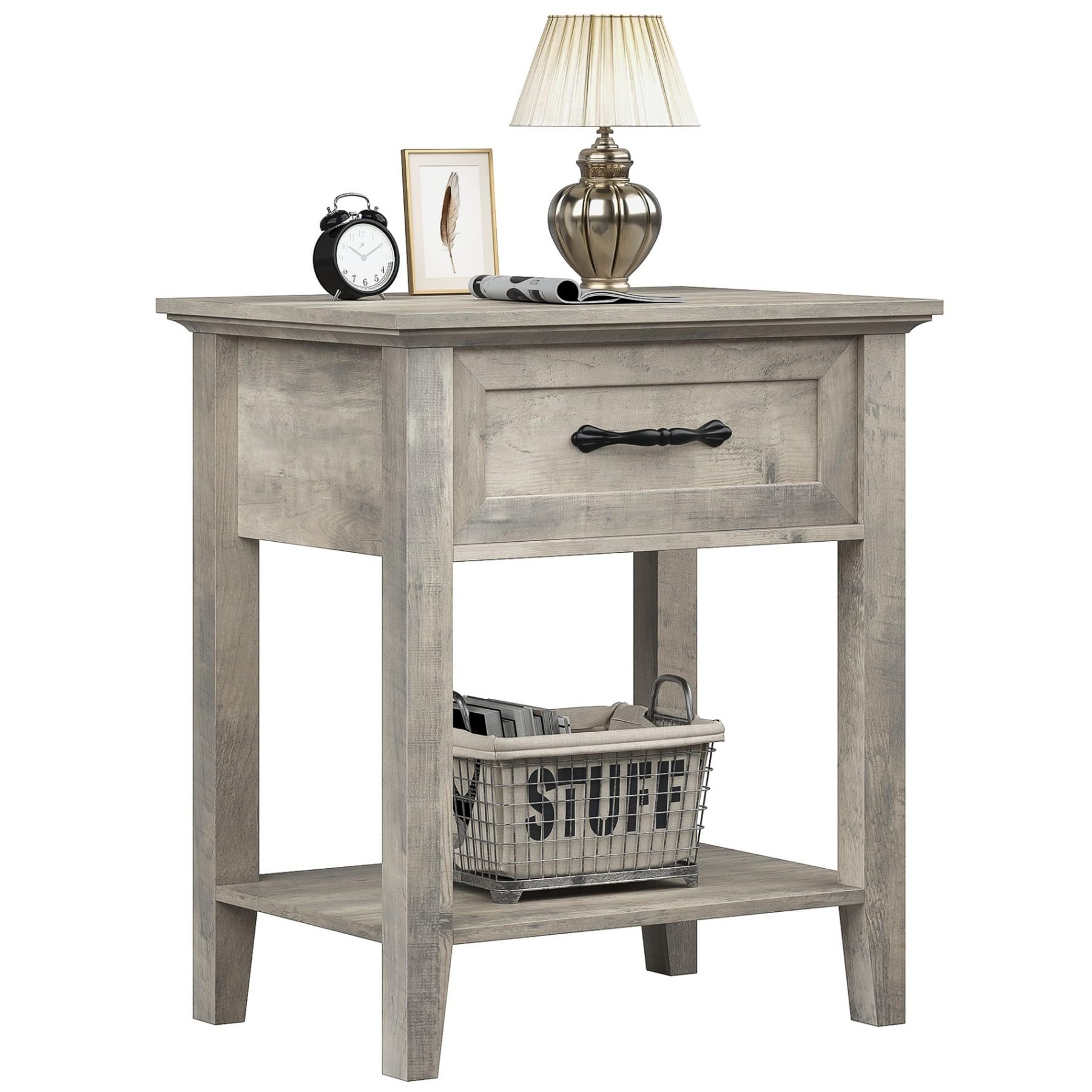 Table de chevet Garvee grise avec tiroir, rangement à 2 niveaux pour chambre et salon, 50 x 40 x 60 cm, bois durable