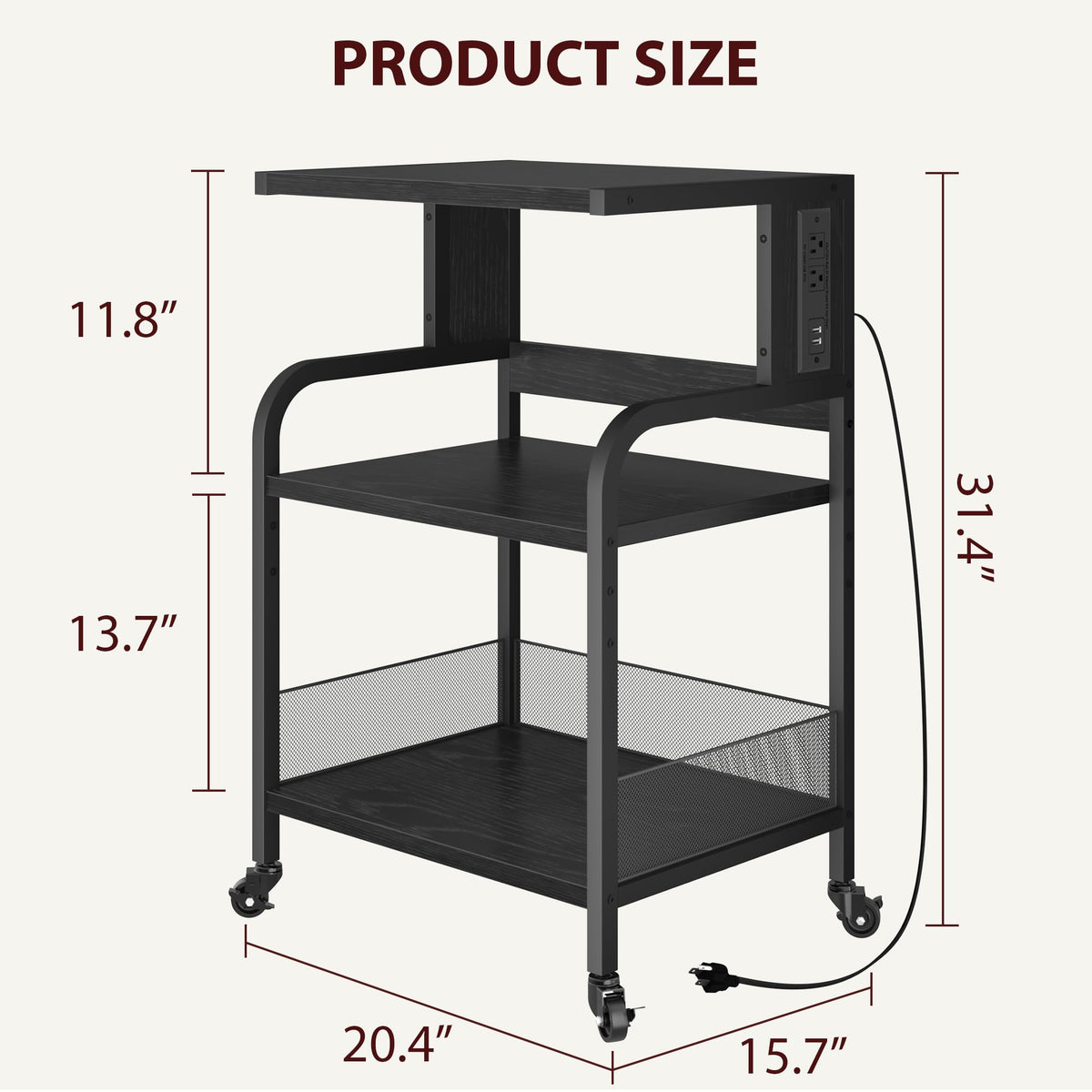 Garvee support pour imprimante mobile grand format avec 2 ports secteur et 2 ports usb, réglable sur 3 niveaux, en métal et MDF, 4 roues avec freins, étanche, pour le bureau et la maison, 52 × 40 × 80 cm