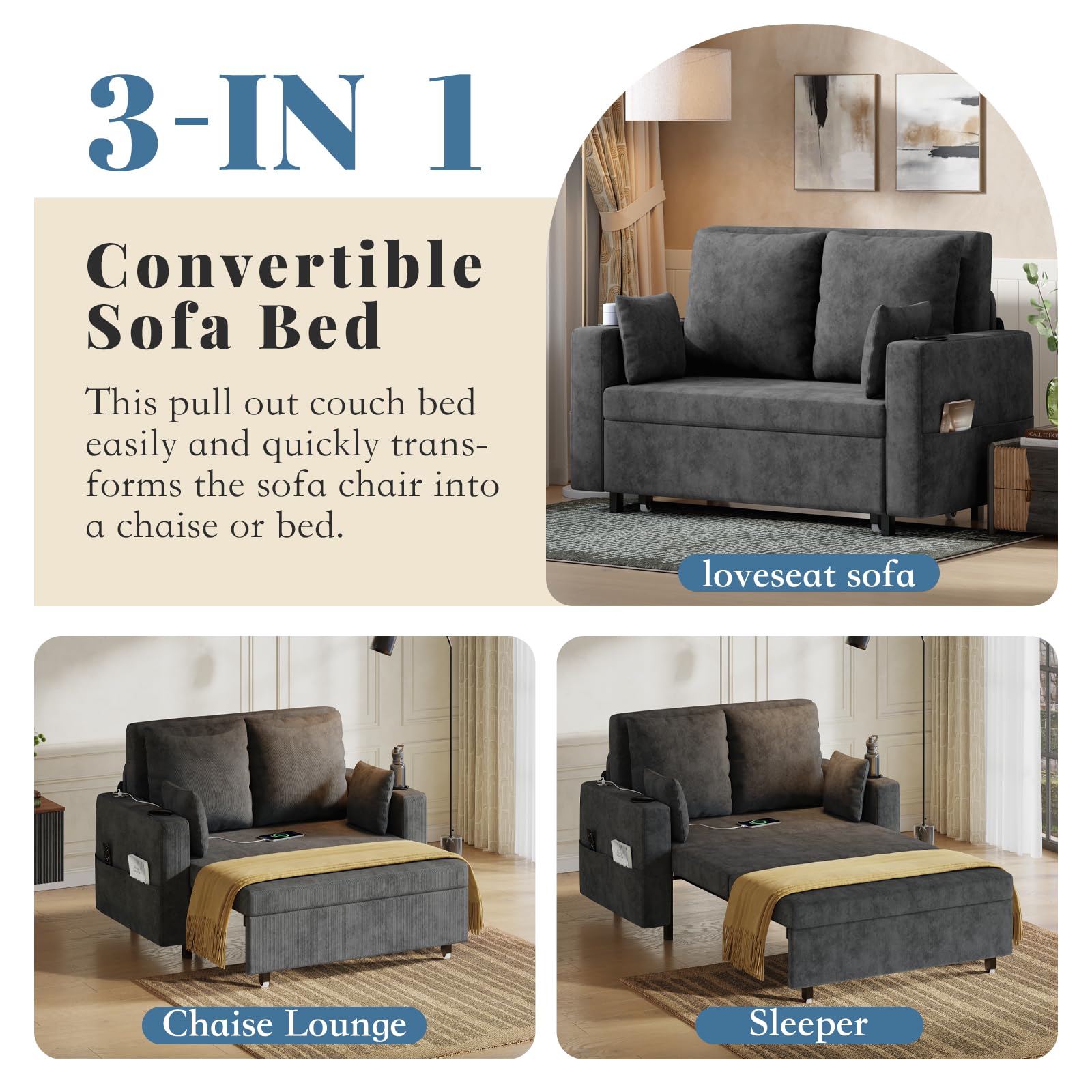 Canapé-lit 3 en 1 Garvee, 2 places, structure en acier, port de chargement USB, idéal pour les petits espaces, 142 cm (56 pouces), noir