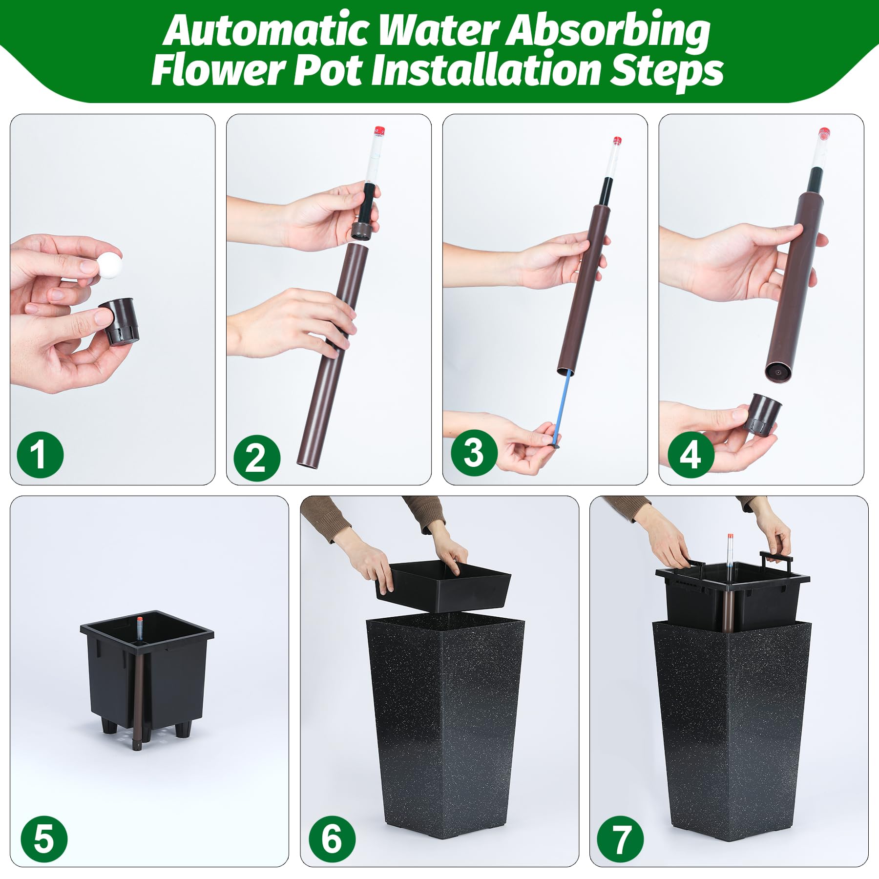 Garvee Lot de 2 jardinières de 57 cm de haut avec arrosage automatique et indicateur de niveau d'eau pour balcon et terrasse, à pois noirs et blancs, en plastique résistant aux intempéries