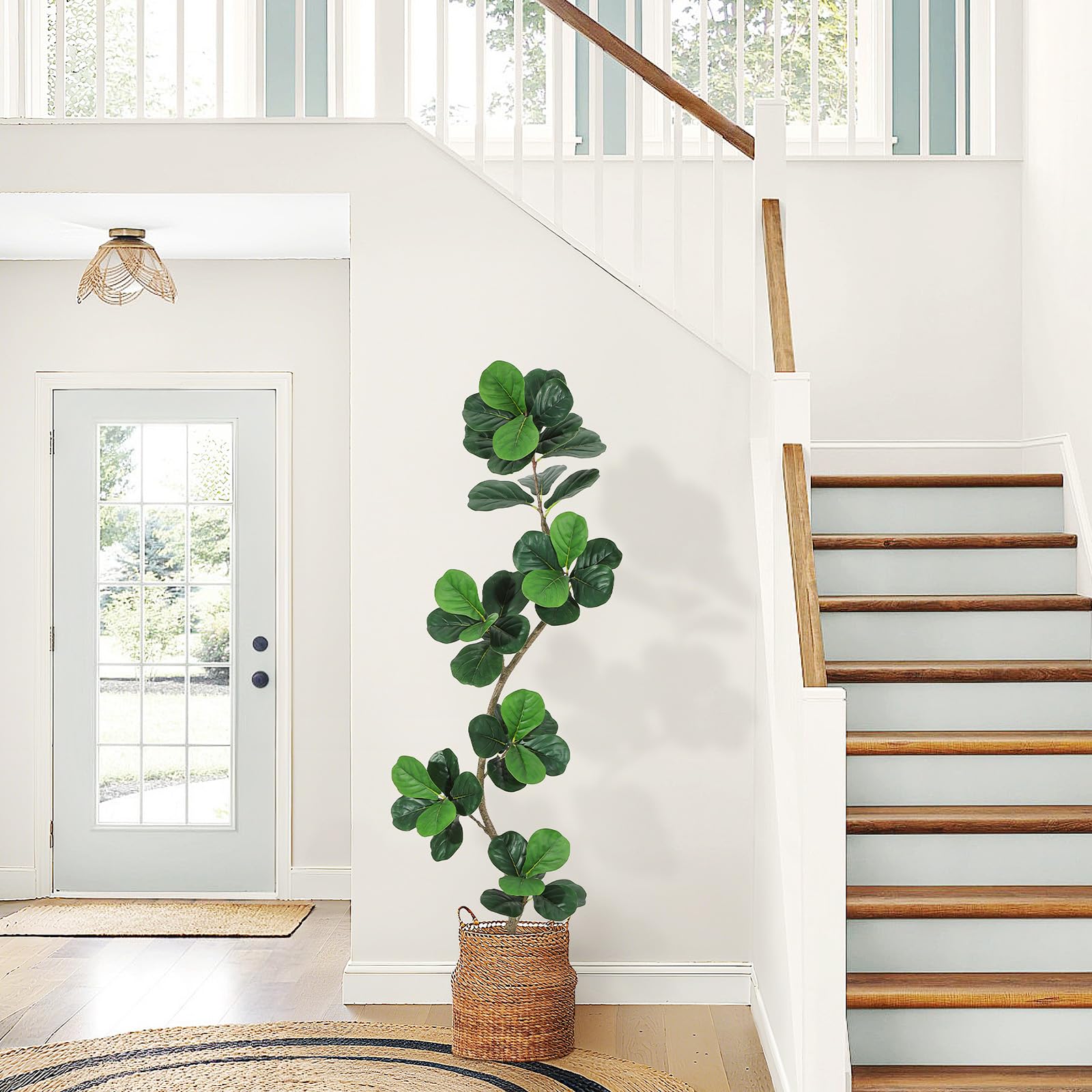 Garvee Ficus lyrata artificiel 183 cm en forme de S, pot blanc, feuilles en soie réalistes et branches ajustables, vert