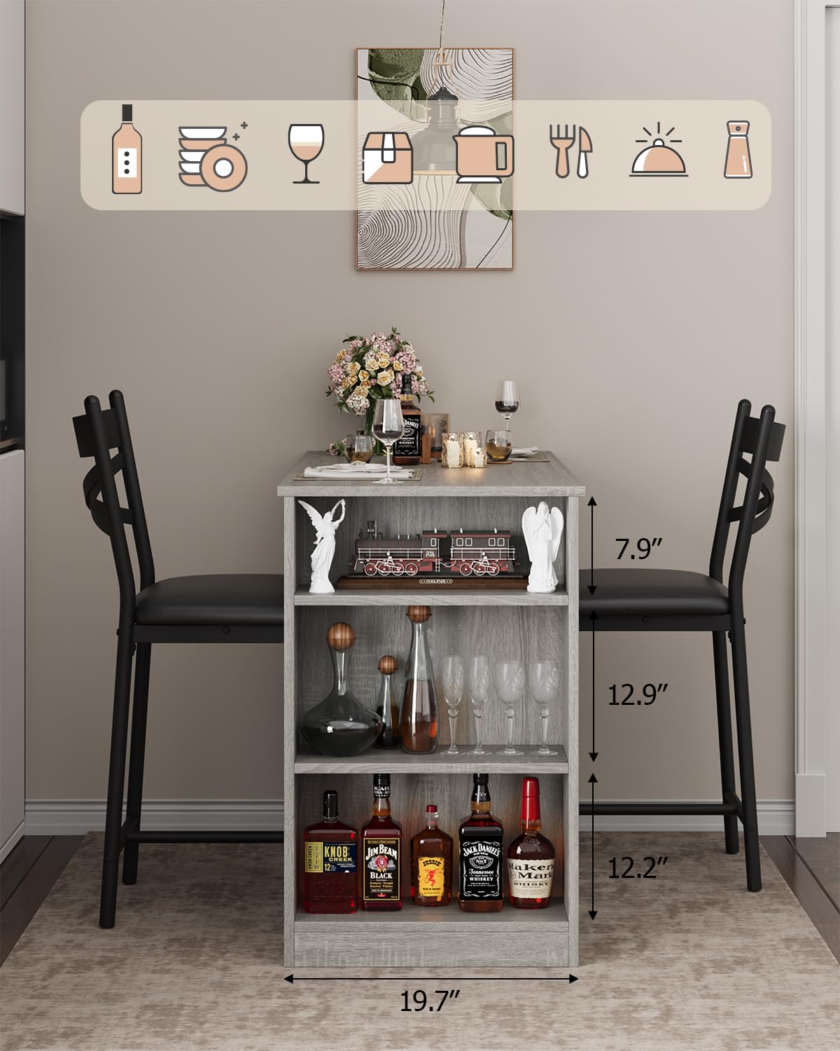 Ensemble table de bar extensible Garvee pour 2 à 4 personnes avec coussins de 40 cm de large, structure robuste en MDF, espace de rangement, gris, idéal pour les petits appartements