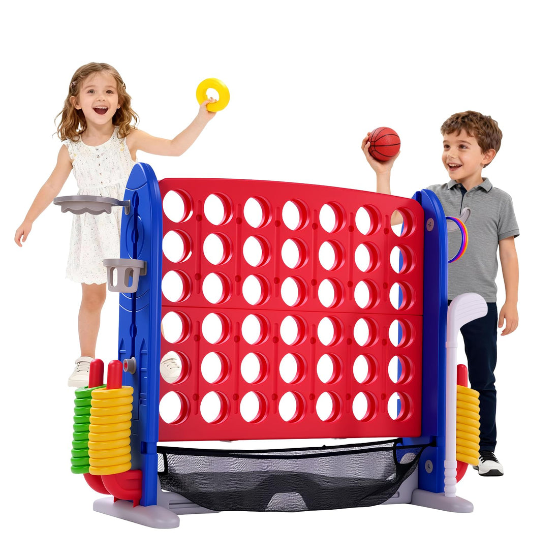 Jeu géant 4 en 1 Garvee Puissance 4 avec panier de basket et jeu d'anneaux pour le jardin et les fêtes de famille, hauteur réglable, robuste en PE/PP, portable