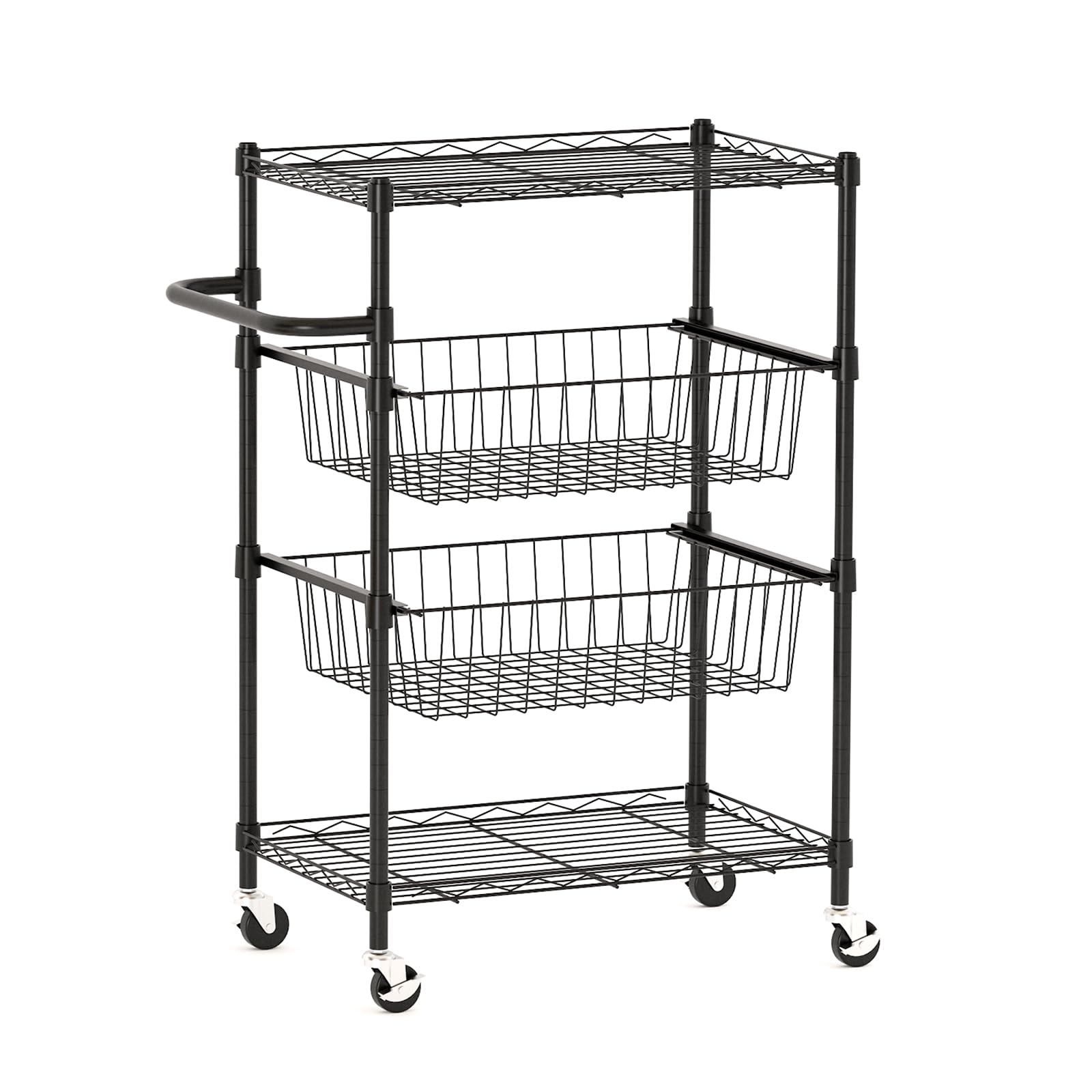 Chariot de cuisine Garvee à 4 niveaux en métal avec poignée, capacité de charge de 50 kg, étagères grillagées ouvertes, 2 roues verrouillables, usage polyvalent, métal, argent