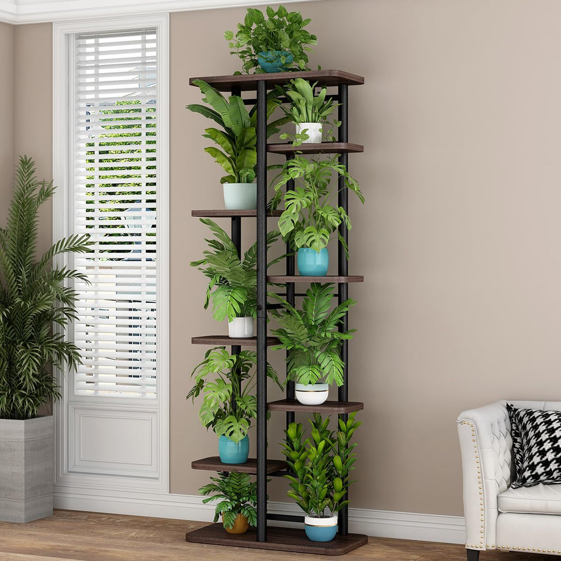 Étagère à fleurs Garvee à 8 niveaux, support pour plantes en métal et bois, pour jardin, balcon ou terrasse, 136 x 36 x 23,5 cm, design à plusieurs niveaux, noir