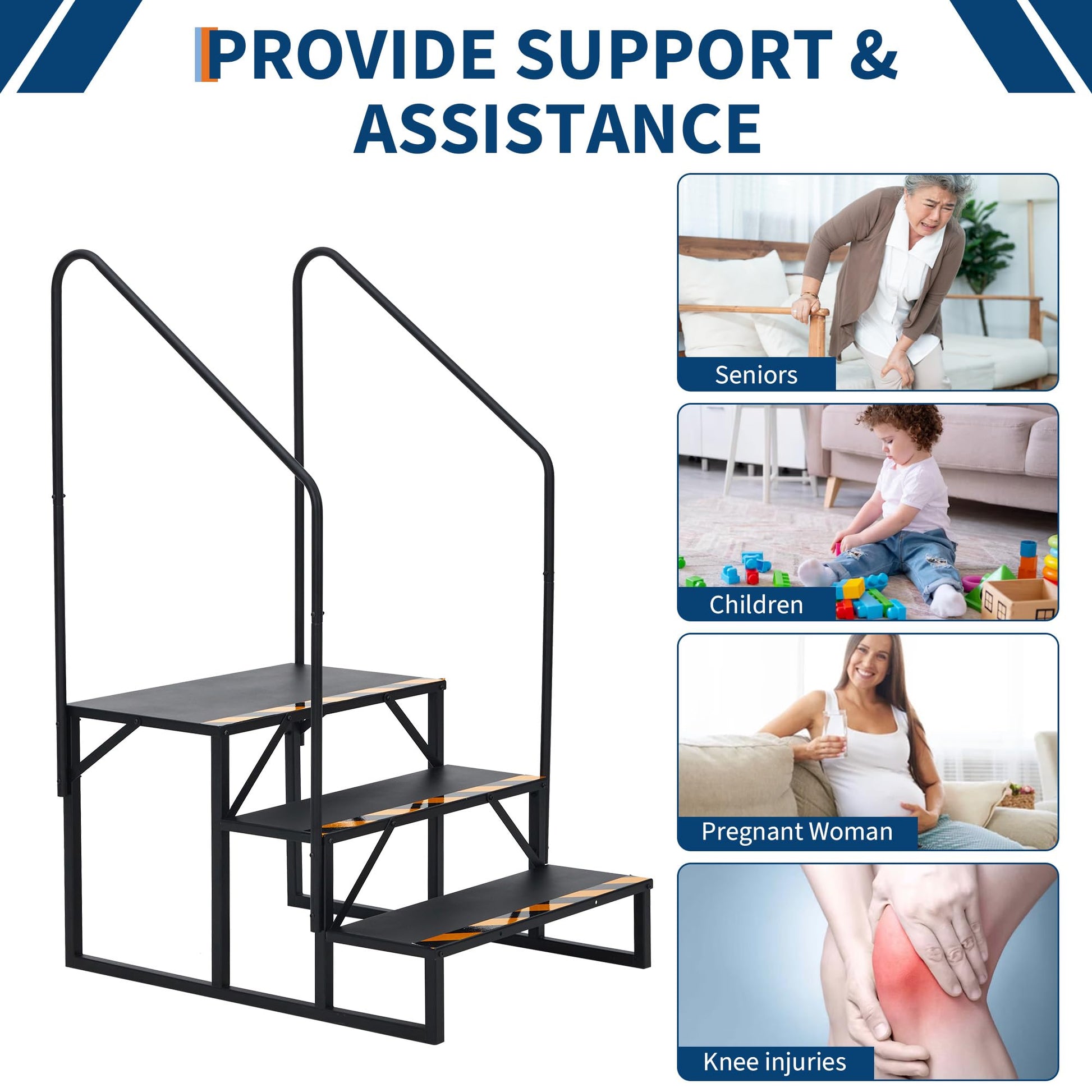 Escalier portable Garvee à 3 marches avec rampe, acier, bandes antidérapantes pour caravanes, spas, usage extérieur, noir, compact