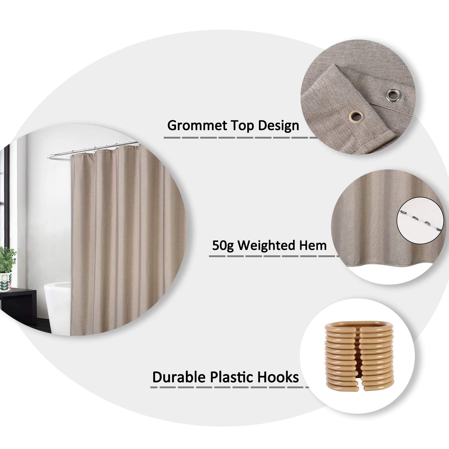 Rideau de douche en lin de luxe Garvee Hotel avec crochets pour salle de bain 280x200 cm Taupe