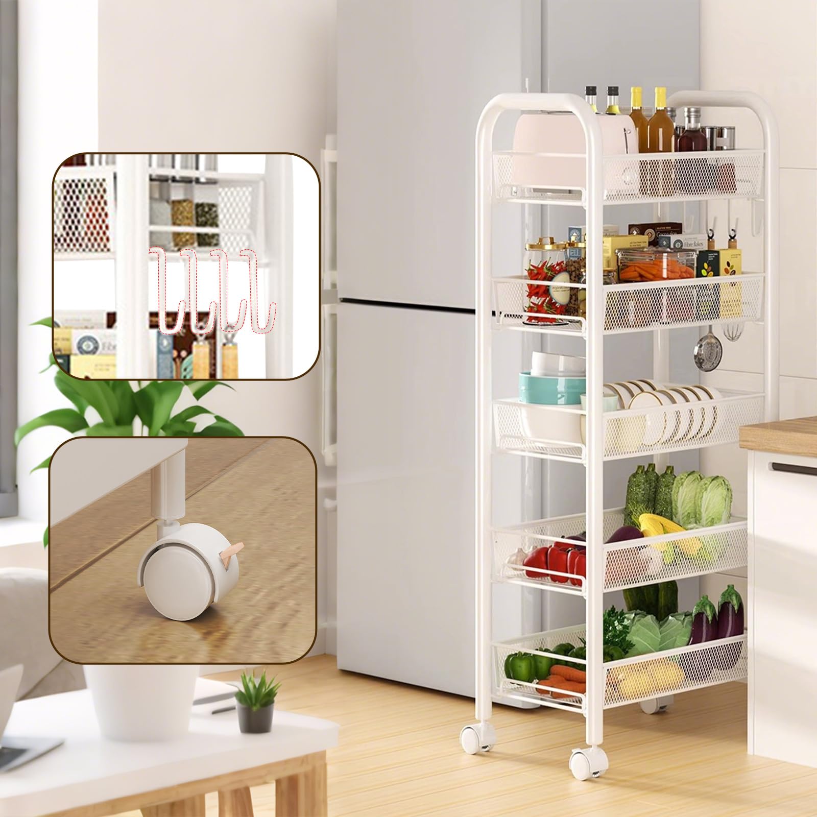 Chariot utilitaire Garvee petit modèle à 5 niveaux avec poignée et freins pour la cuisine et la salle de bain, structure en métal, paniers respirants, étroit et compact.
