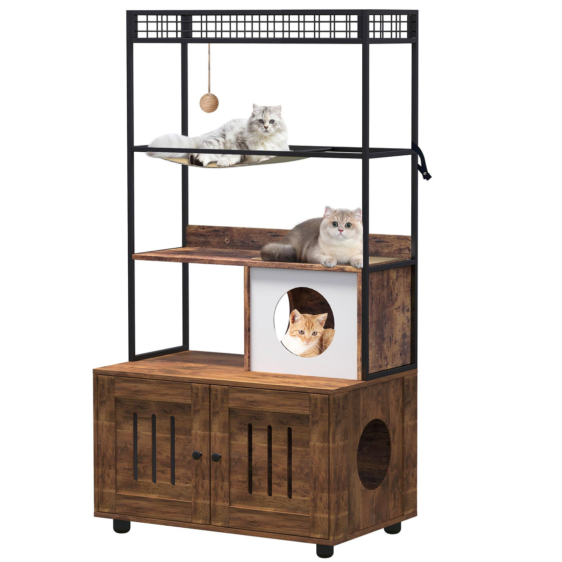 Enclos Garvee pour grand chat avec rangement intégré, bac à litière dissimulé, meuble 2 en 1 pour foyers avec plusieurs chats, marron rétro, structure en métal
