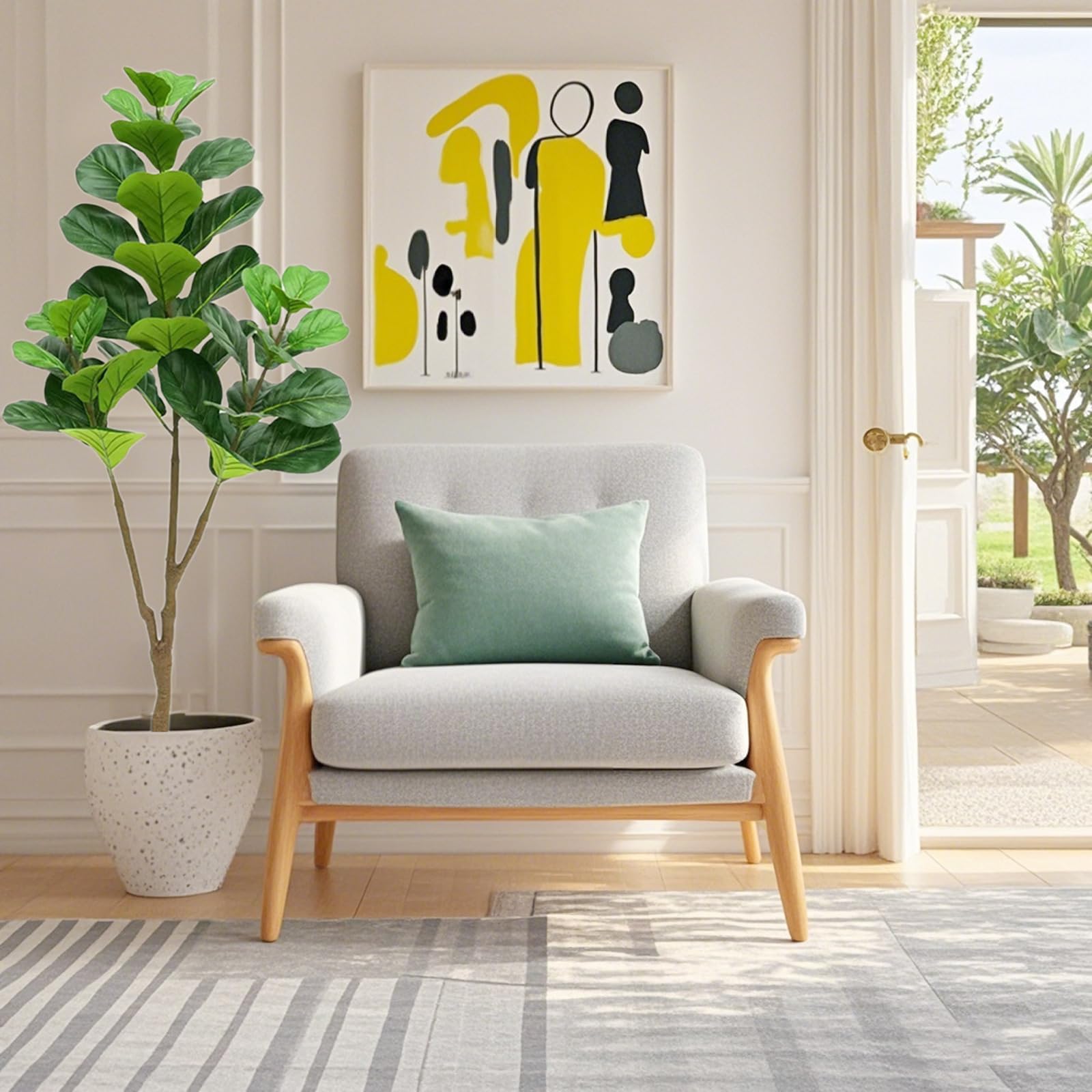 Ficus lyrata artificiel Garvee de 1,5 m avec pot en corde véritable, feuilles ajustables, base en ciment stable pour salon et bureau, vert, 1,5 mètre