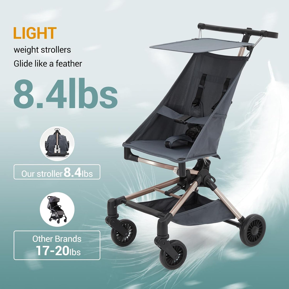 Poussette de voyage légère Garvee – Homologuée pour le transport aérien, pliable, protection UV, 3,8 kg, cadre en aluminium, roues pivotantes à 360°