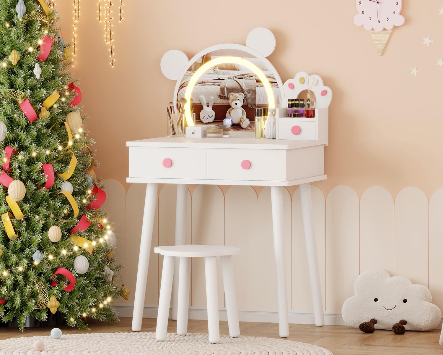 Coiffeuse Garvee pour enfants avec lumière LED, miroir en forme d'ours, rangement, bois certifié FSC, support à fleurs pour salle de jeux de filles, 55 cm (L) x 38 cm (l) x 101 cm (H)