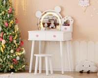 Coiffeuse Garvee pour enfants avec lumière LED, miroir en forme d'ours, rangement, bois certifié FSC, support à fleurs pour salle de jeux de filles, 55 cm (L) x 38 cm (l) x 101 cm (H)