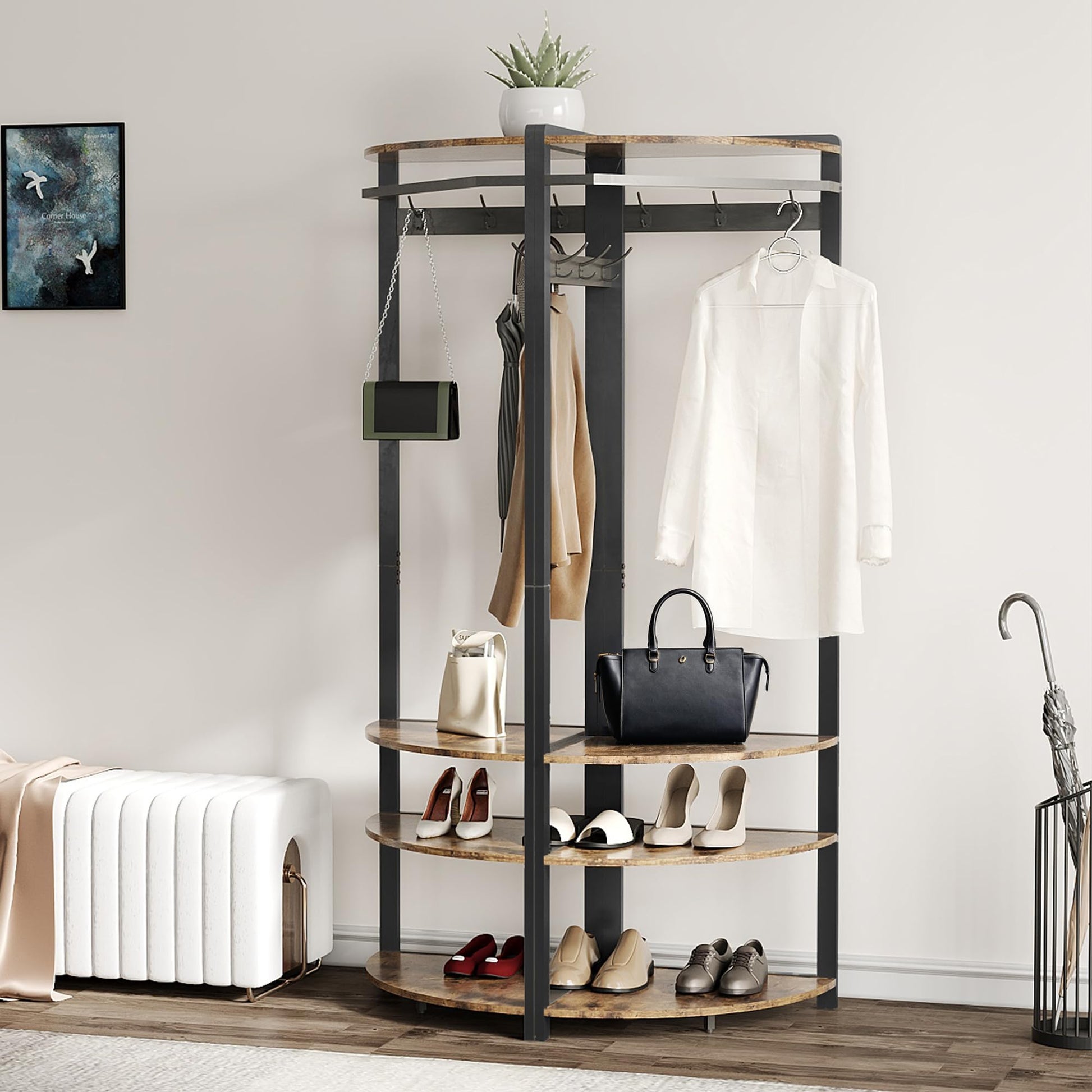 Armoire d'angle Garvee avec banc à chaussures, 6 crochets doubles, en bois, structure robuste anti-basculement, idéale pour l'entrée et le couloir, gain de place, 180 cm (70,8 pouces), marron