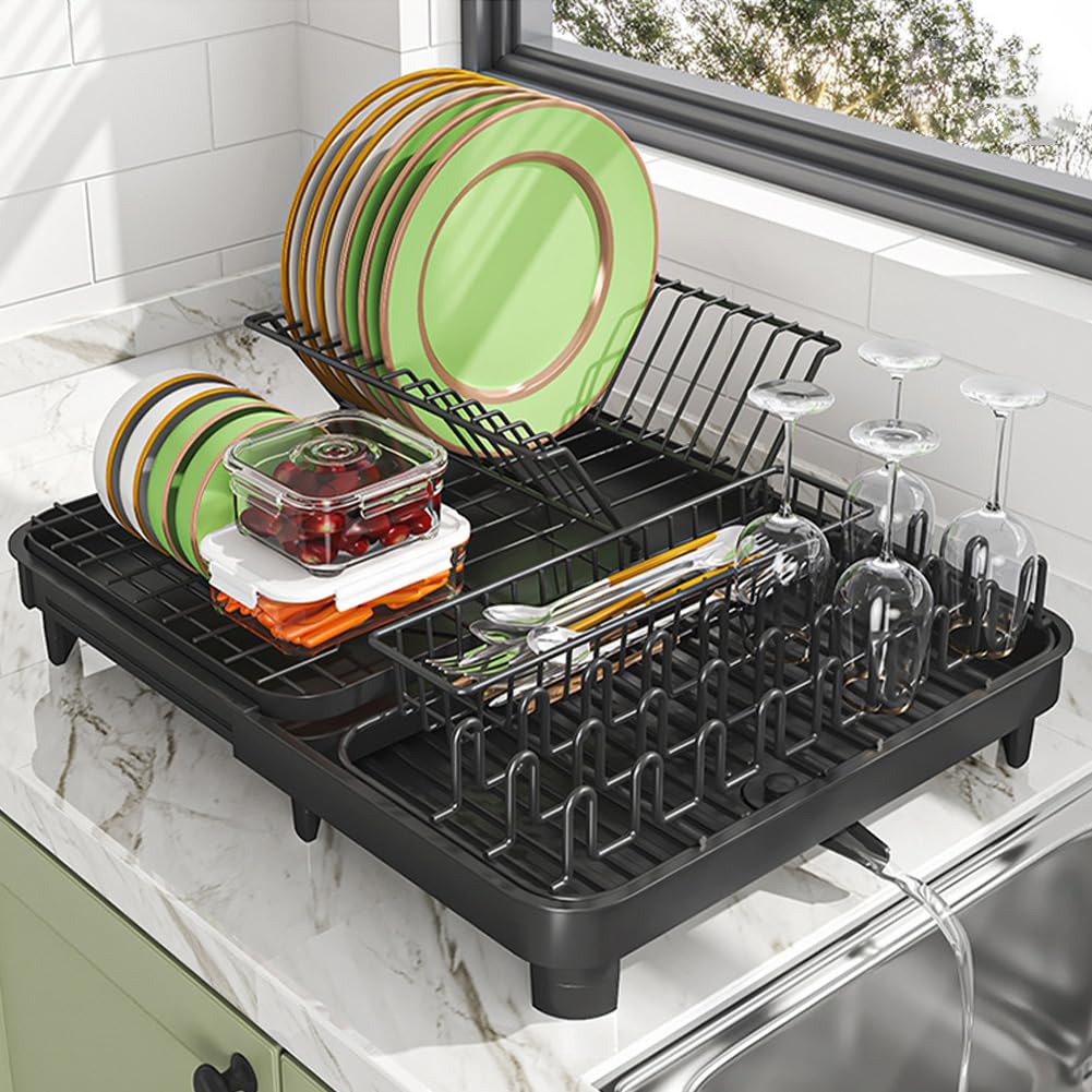 Égouttoir à vaisselle Garvee en acier inoxydable au carbone avec bac d'égouttage et porte-couverts pour petites cuisines, noir, extensible de 32 à 52 cm