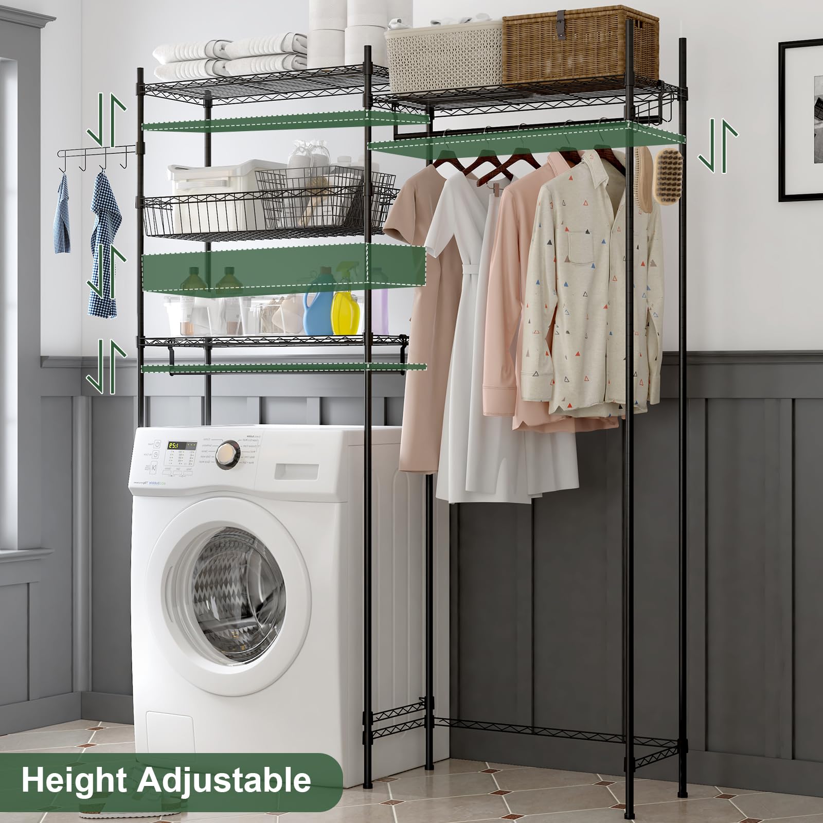 Étagère Garvee pour lave-linge et sèche-linge, réglable en hauteur, en acier noir avec panier à linge pour buanderie, largeur 146 cm (57,4 po)