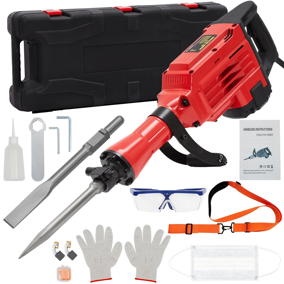 Marteau de démolition Garvee 2200W – Coffret de 6 marteaux burineurs 65A avec burins pour béton et maçonnerie