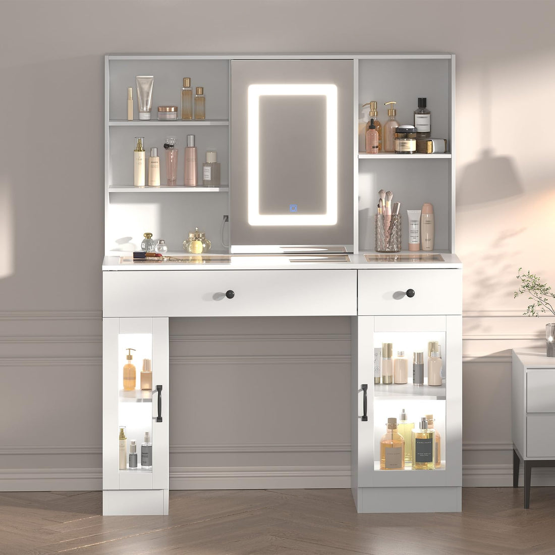 Garvee Coiffeuse avec Miroir LED 3 Couleurs, Plateau en Verre Effet Arc-en-Ciel, MDF Résistant, Tiroirs, Ports USB et Prises AC, Idéale Maquillage