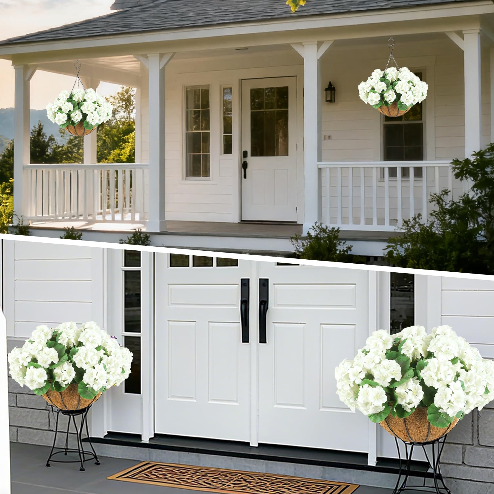 Garvee, lot de 2 paniers suspendus de géraniums artificiels blancs résistants aux intempéries pour jardin, terrasse et Noël