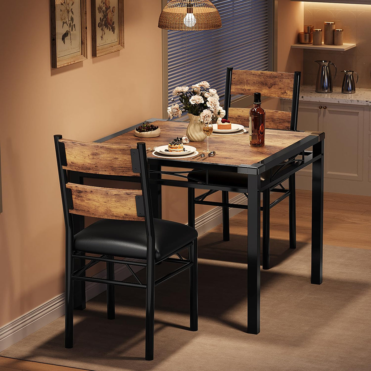 Ensemble table et chaises Garvee pour 2 personnes avec chaises rembourrées, protections d'angle, structure robuste en MDF, ergonomique, gain de place, marron, pour cuisine et appartement